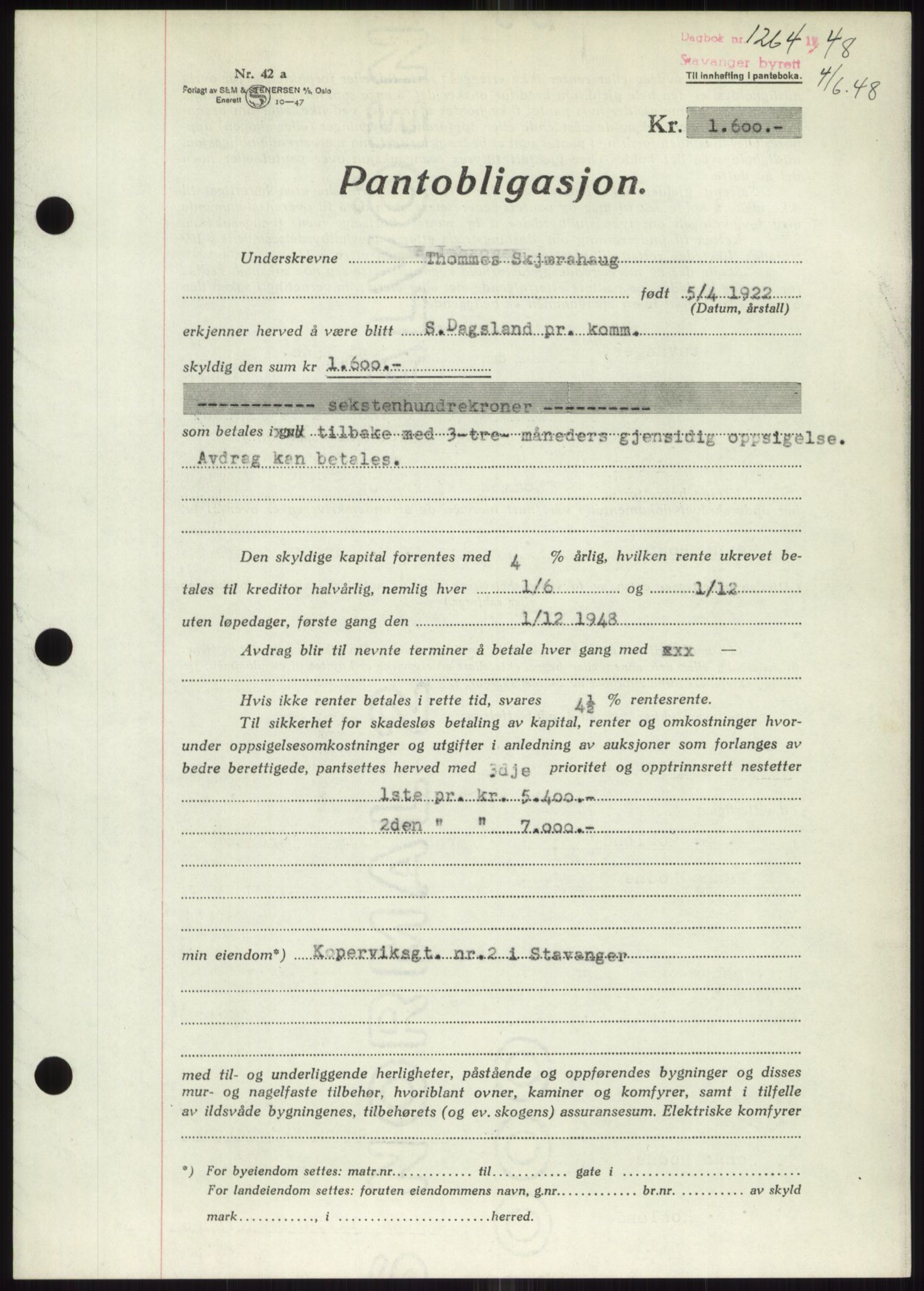 Stavanger byrett, SAST/A-100455/002/G/Gb/L0032: Pantebok, 1947-1950, Dagboknr: 1264/1948