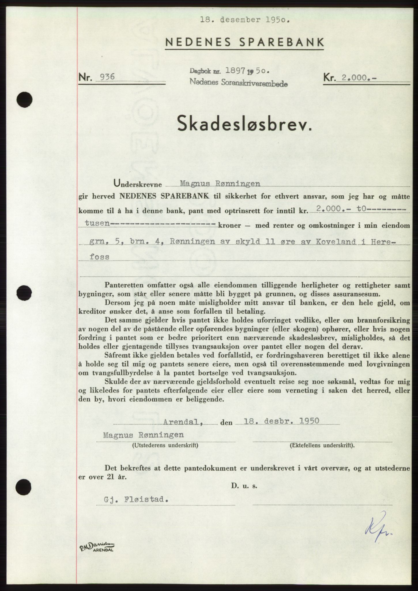 Nedenes sorenskriveri, SAK/1221-0006/G/Gb/Gbb/L0008: Pantebok nr. B8, 1950-1950, Dagboknr: 1897/1950