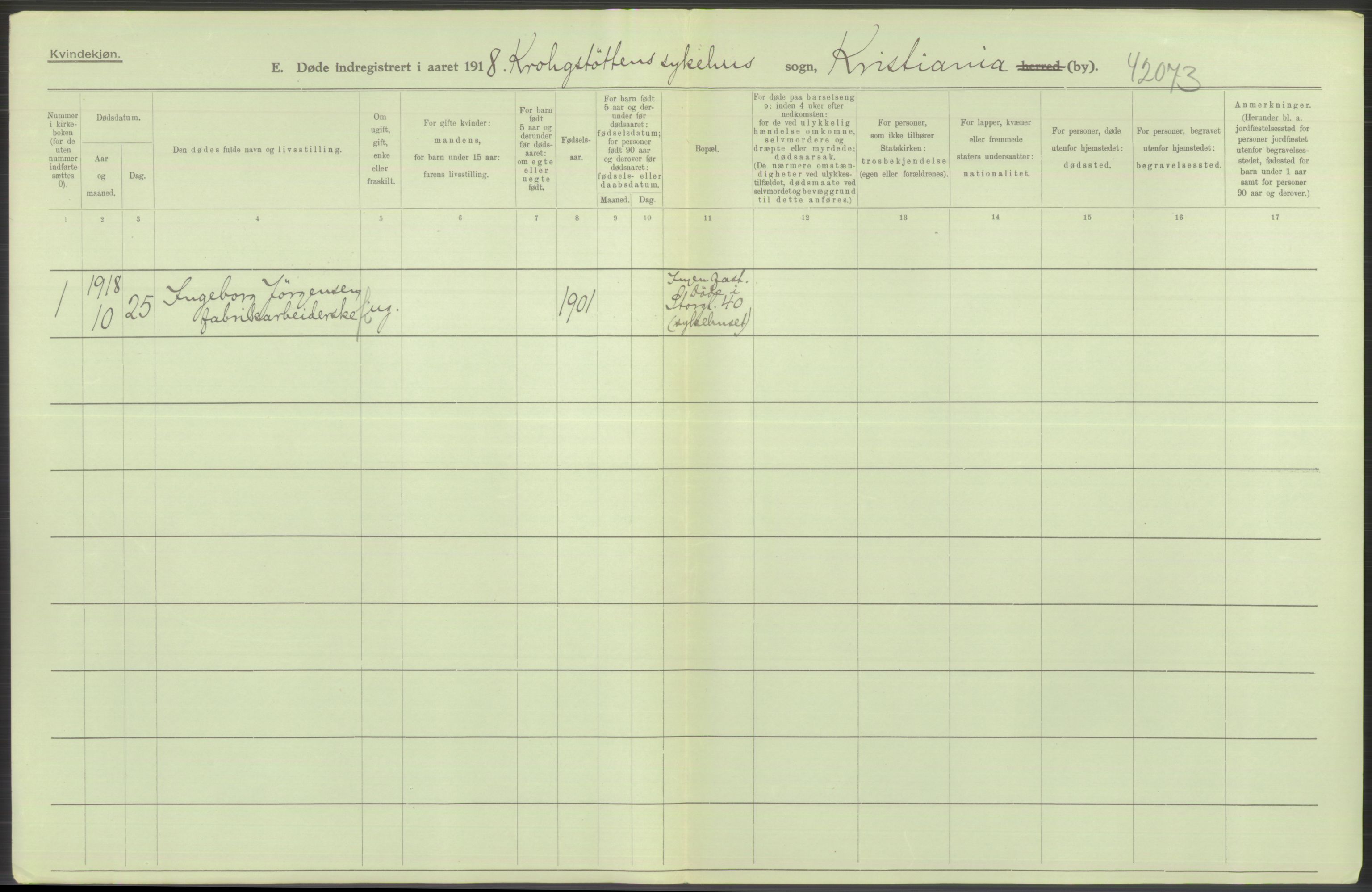 Statistisk sentralbyrå, Sosiodemografiske emner, Befolkning, RA/S-2228/D/Df/Dfb/Dfbh/L0011: Kristiania: Døde, dødfødte, 1918, s. 210