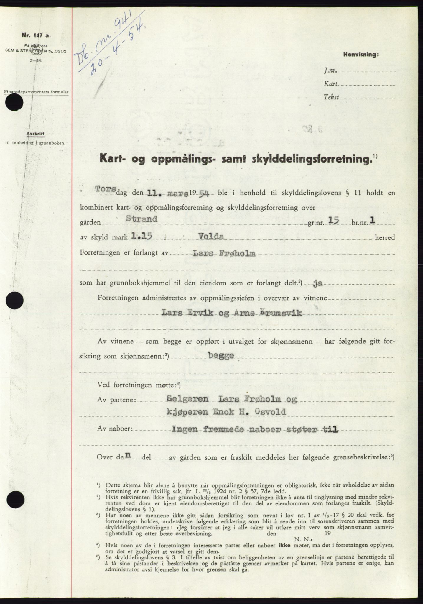 Søre Sunnmøre sorenskriveri, SAT/A-4122/1/2/2C/L0097: Pantebok nr. 23A, 1954-1954, Dagboknr: 941/1954
