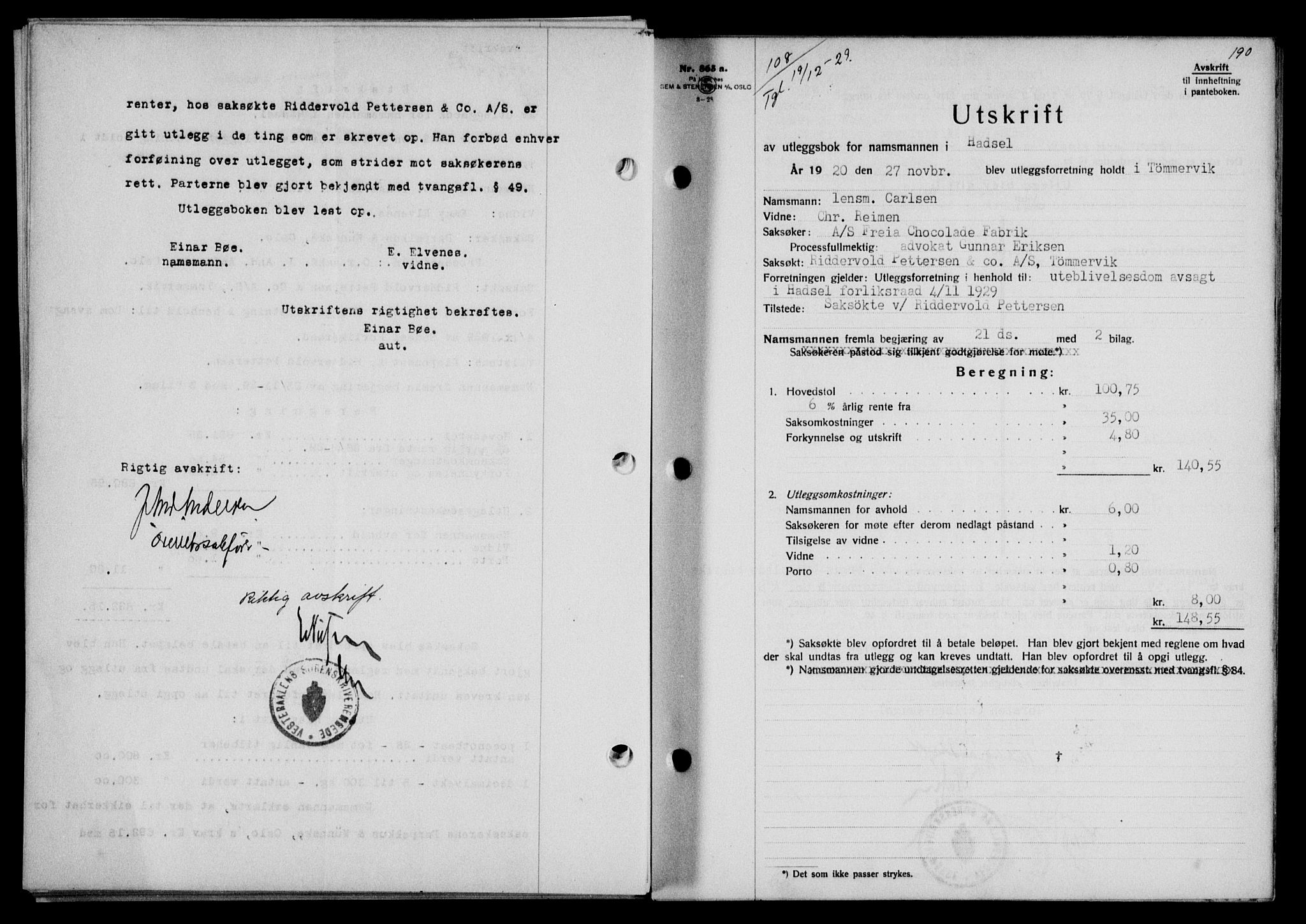 Vesterålen sorenskriveri, SAT/A-4180/1/2/2Ca/L0050: Pantebok nr. 43, 1929-1930, Tingl.dato: 19.12.1929