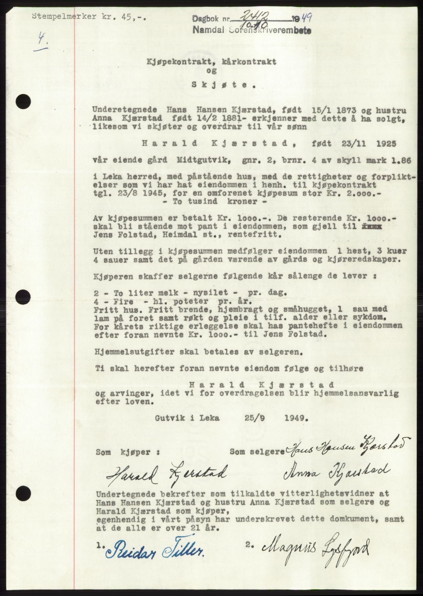 Namdal sorenskriveri, SAT/A-4133/1/2/2C: Pantebok nr. -, 1949-1949, Dagboknr: 2412/1949