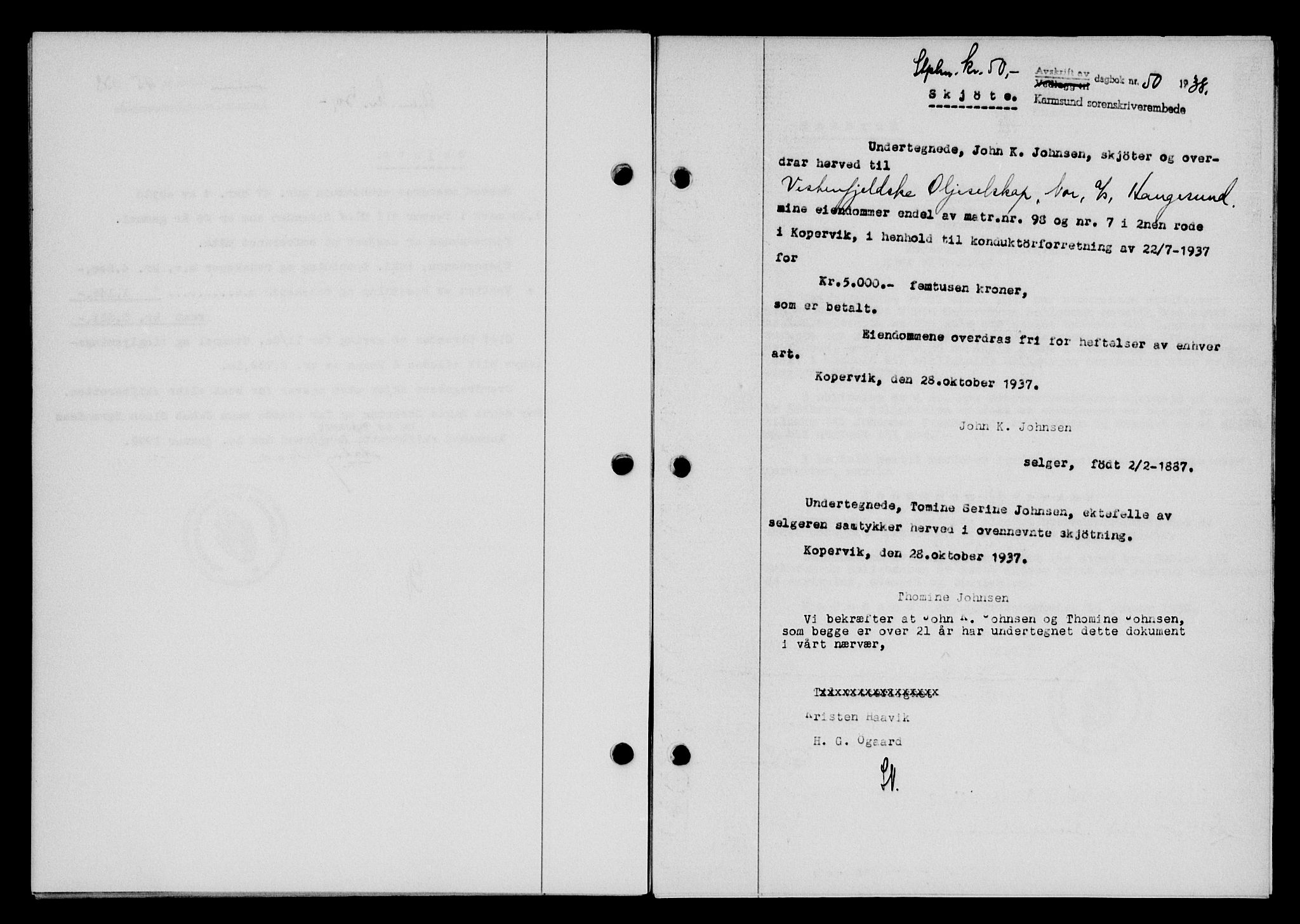 Karmsund sorenskriveri, SAST/A-100311/01/II/IIB/L0069: Pantebok nr. 50A, 1937-1938, Dagboknr: 50/1938