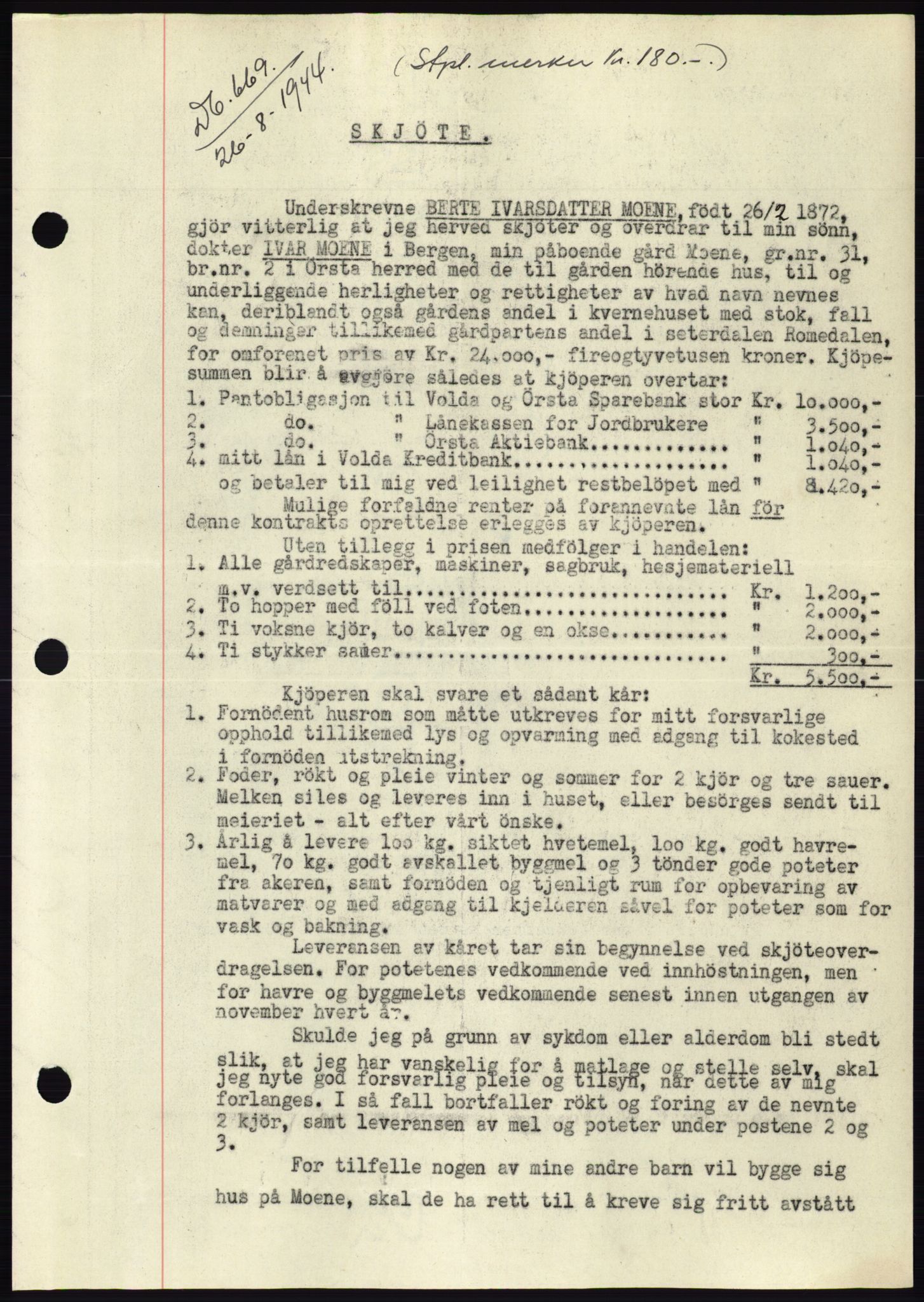 Søre Sunnmøre sorenskriveri, SAT/A-4122/1/2/2C/L0076: Pantebok nr. 2A, 1943-1944, Dagboknr: 669/1944