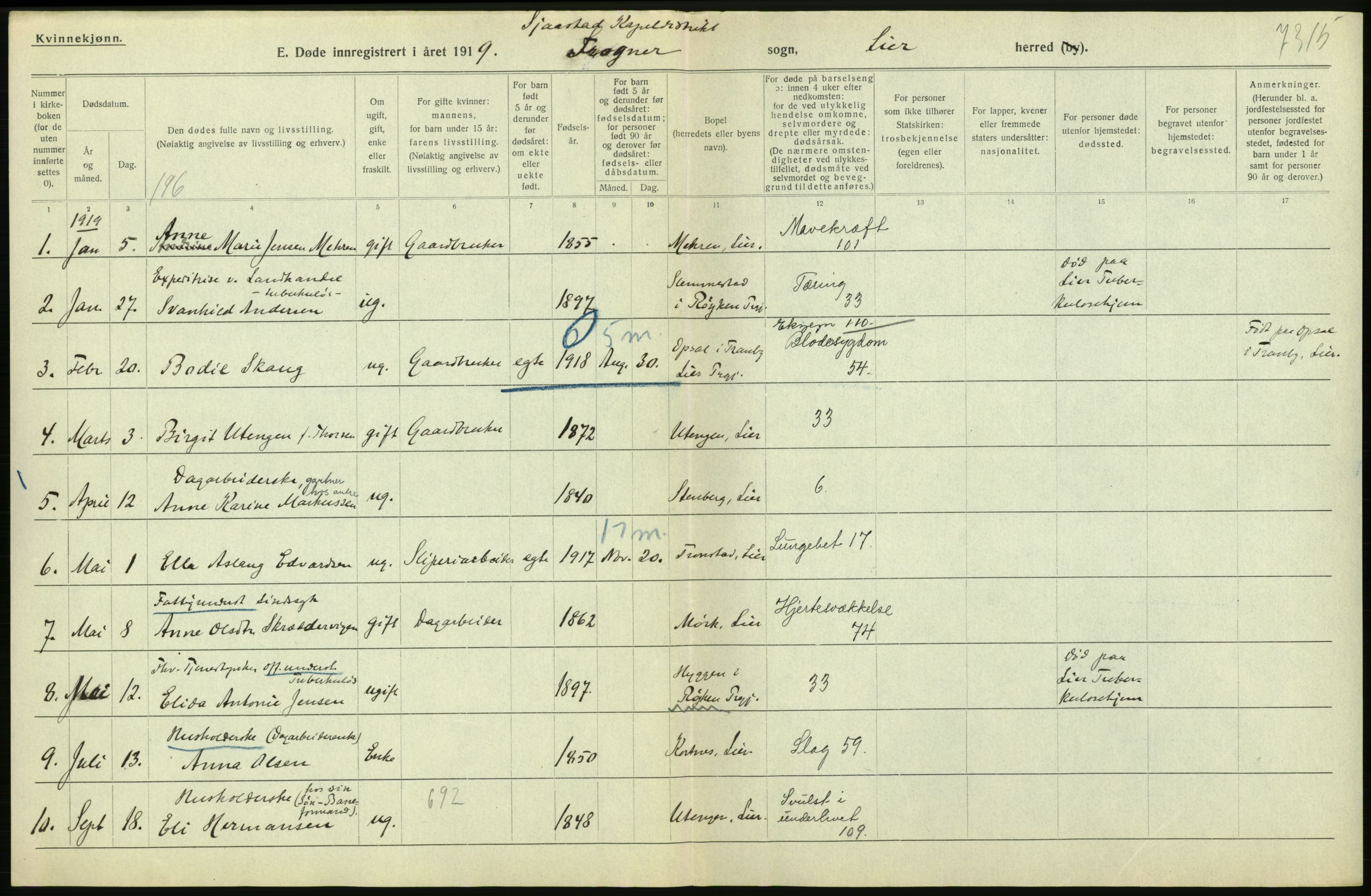 Statistisk sentralbyrå, Sosiodemografiske emner, Befolkning, AV/RA-S-2228/D/Df/Dfb/Dfbi/L0018: Buskerud fylke: Døde. Bygder og byer., 1919, s. 118