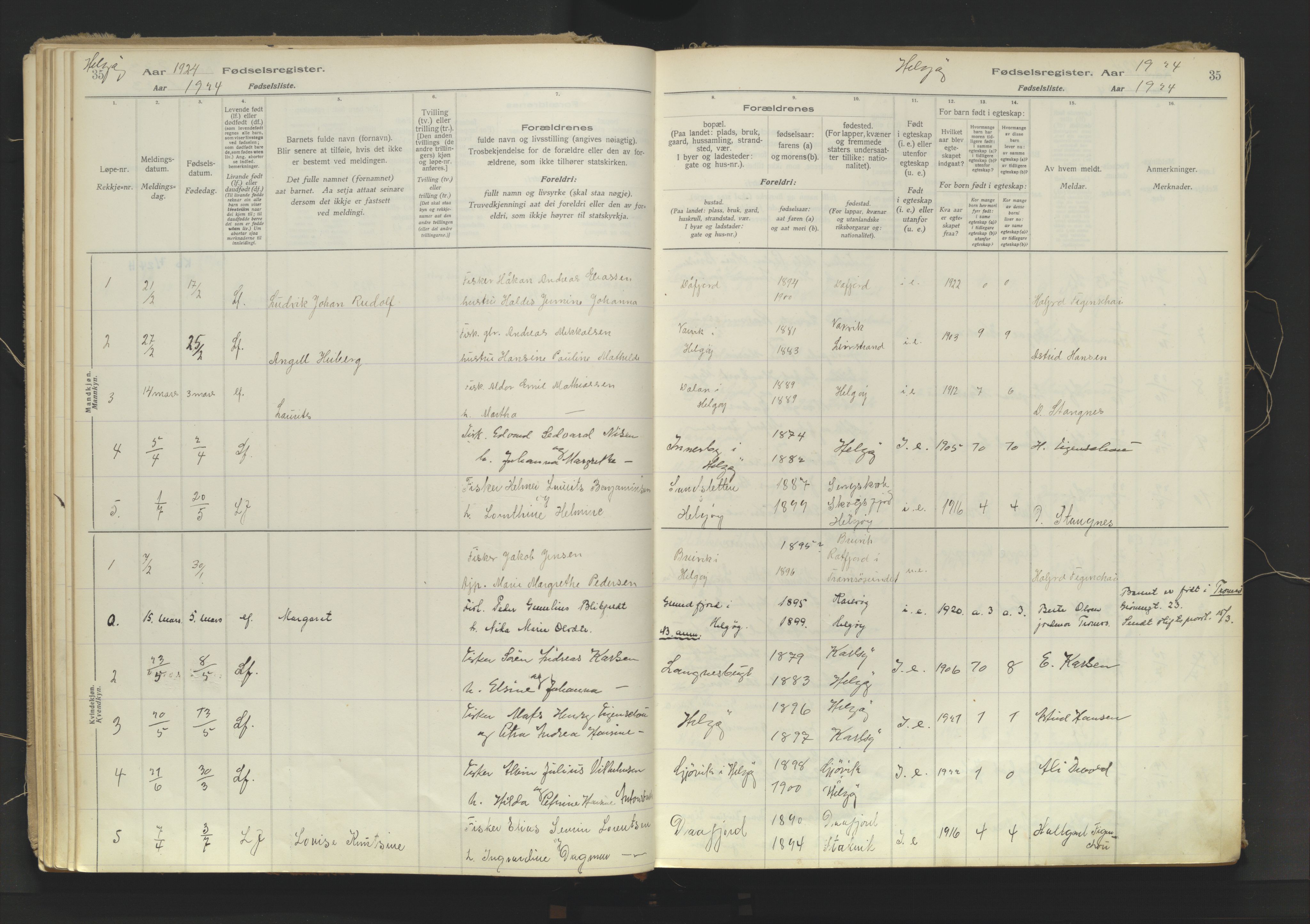 Karlsøy sokneprestembete, AV/SATØ-S-1299/I/Ic/L0067: Fødselsregister nr. 67, 1916-1958, s. 35