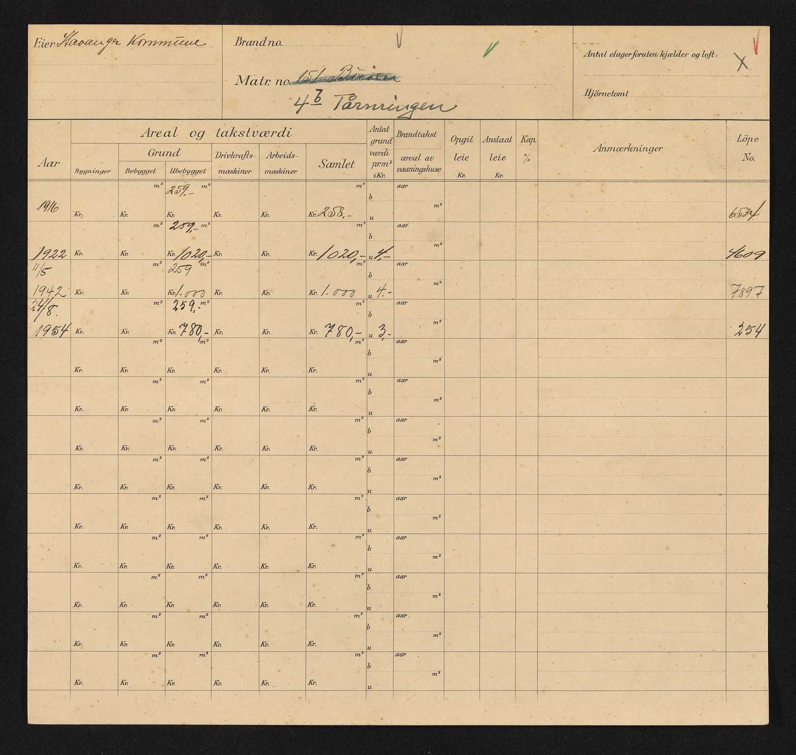 Stavanger kommune. Skattetakstvesenet, BYST/A-0440/F/Fa/Faa/L0044/0002: Skattetakstkort / Tårnringen 1 - 20