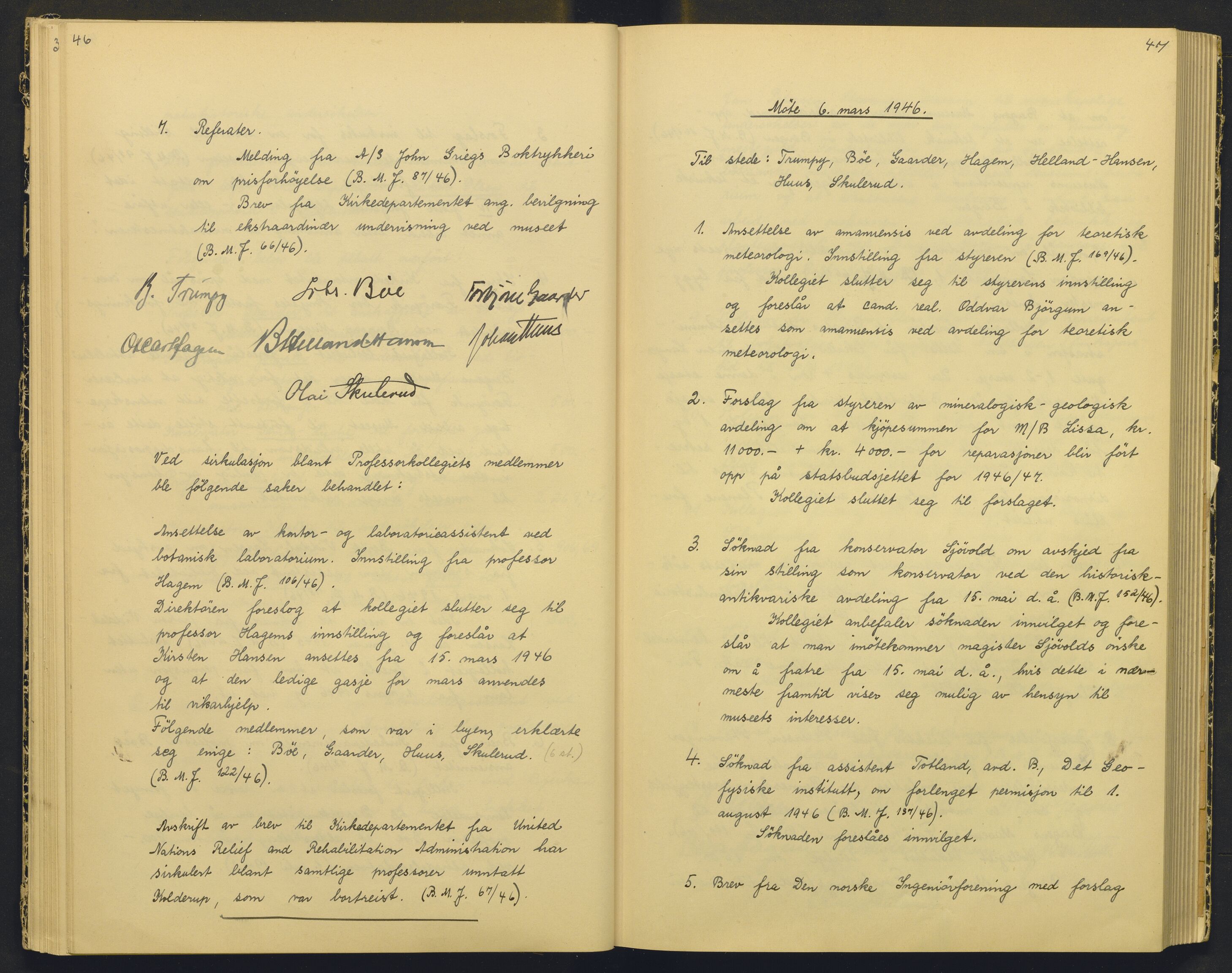 Bergens Museum, AV/SAB-A-17301/18/A/L0004: Professorkollegiets møtebok med register , 1945-1949, s. 46-47