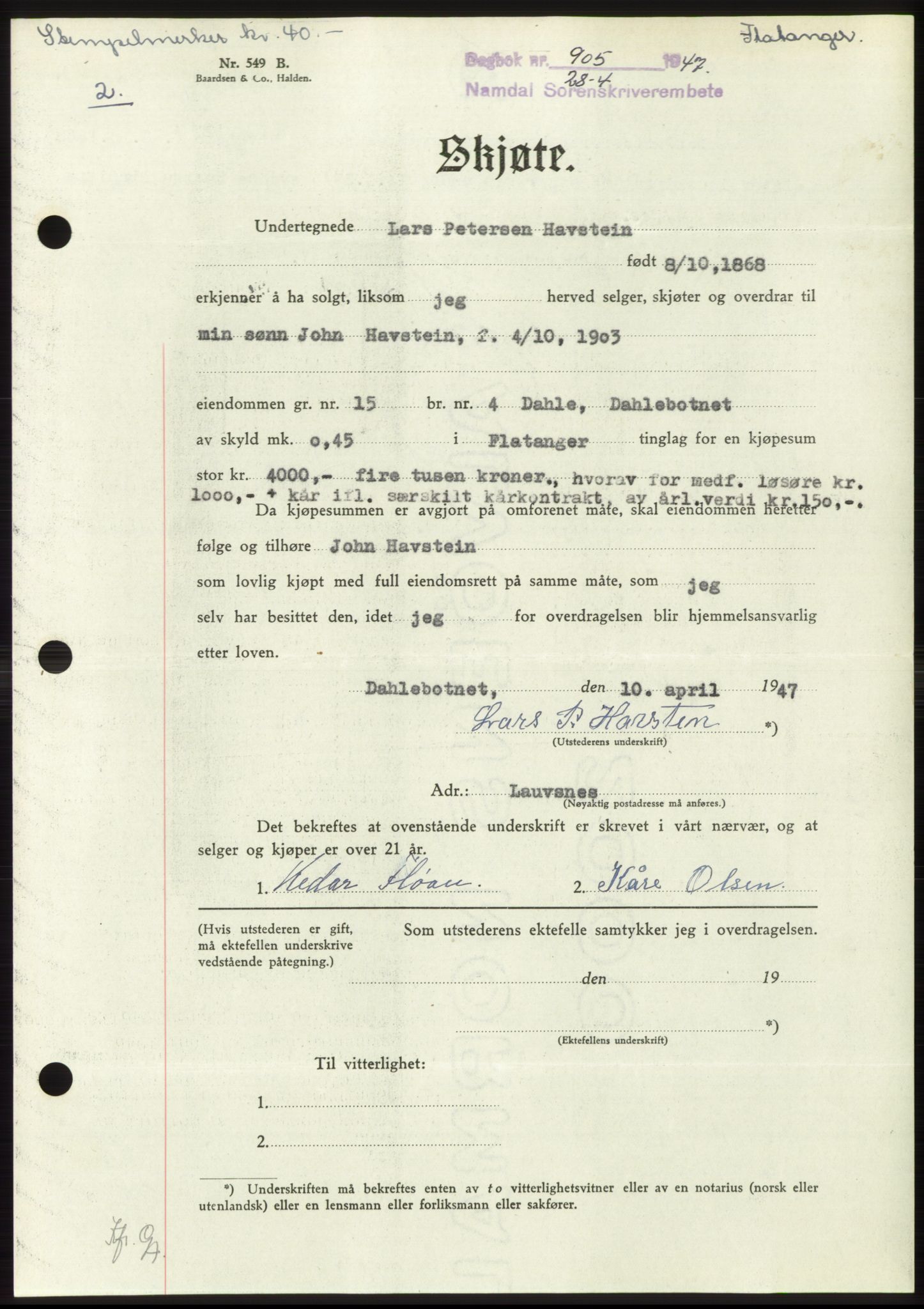 Namdal sorenskriveri, SAT/A-4133/1/2/2C: Pantebok nr. -, 1947-1947, Dagboknr: 905/1947