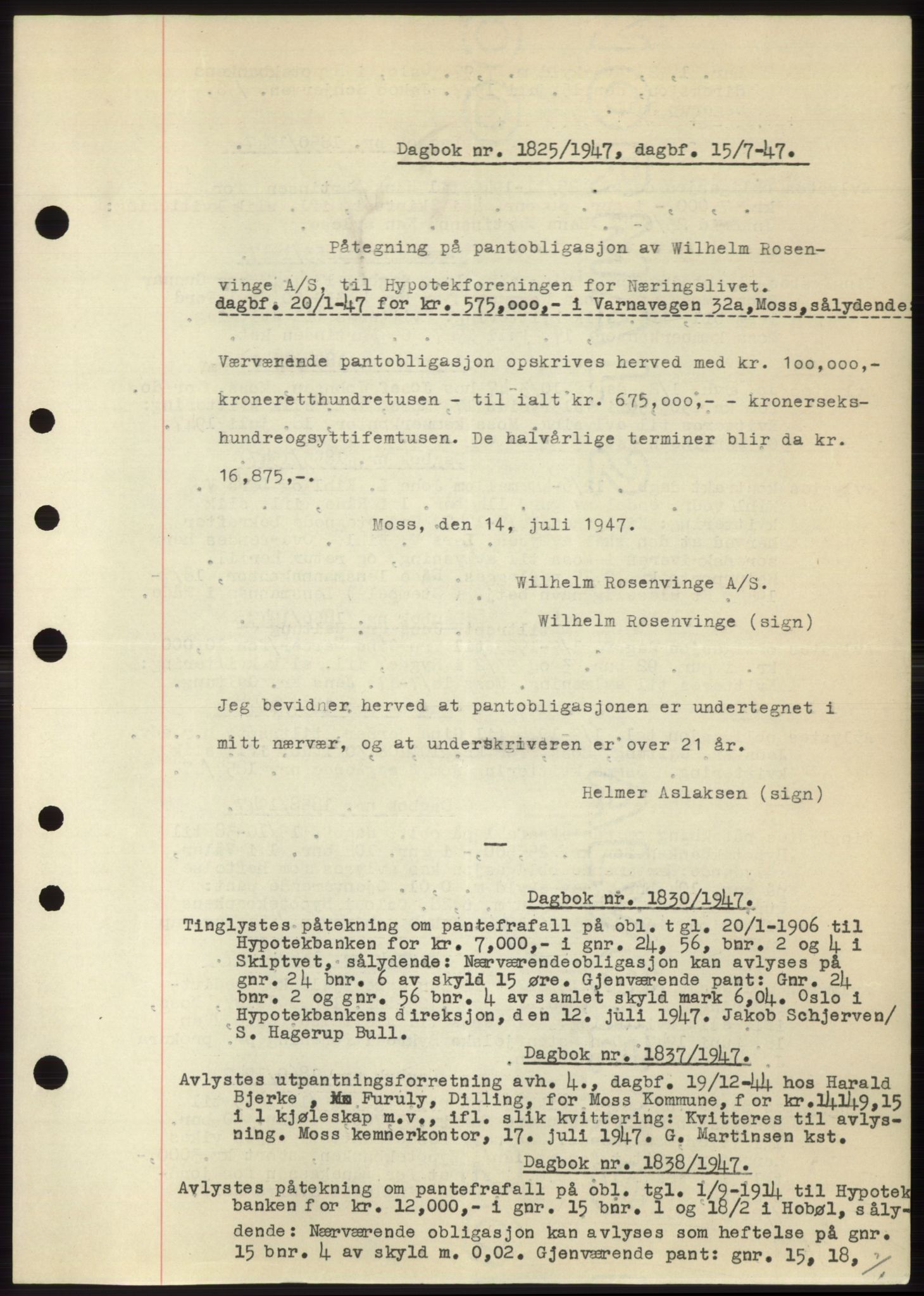Moss sorenskriveri, SAO/A-10168: Pantebok nr. C10, 1938-1950, Dagboknr: 1825/1947