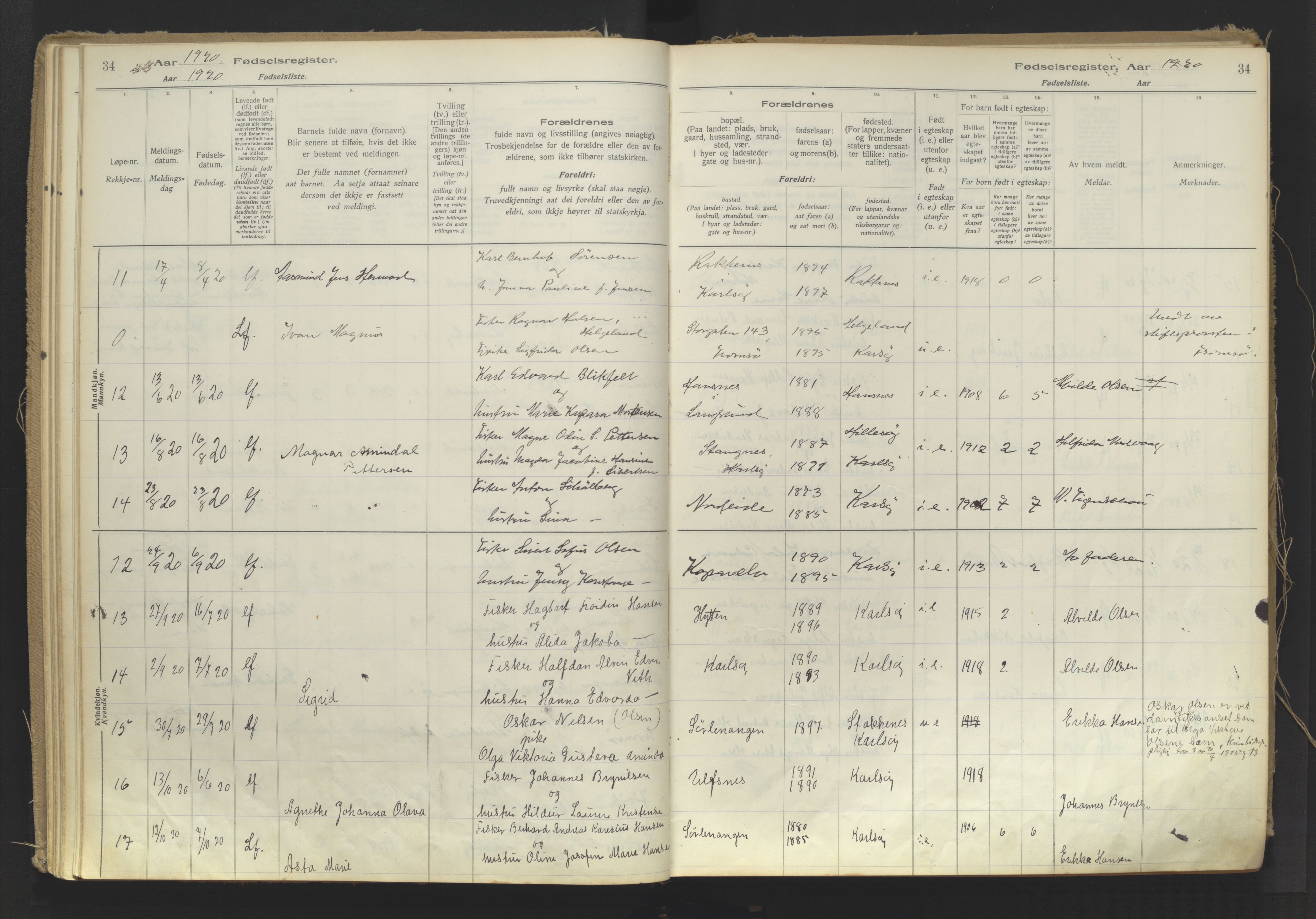 Karlsøy sokneprestembete, SATØ/S-1299/I/Ic/L0064: Fødselsregister nr. 64, 1916-1943, s. 34