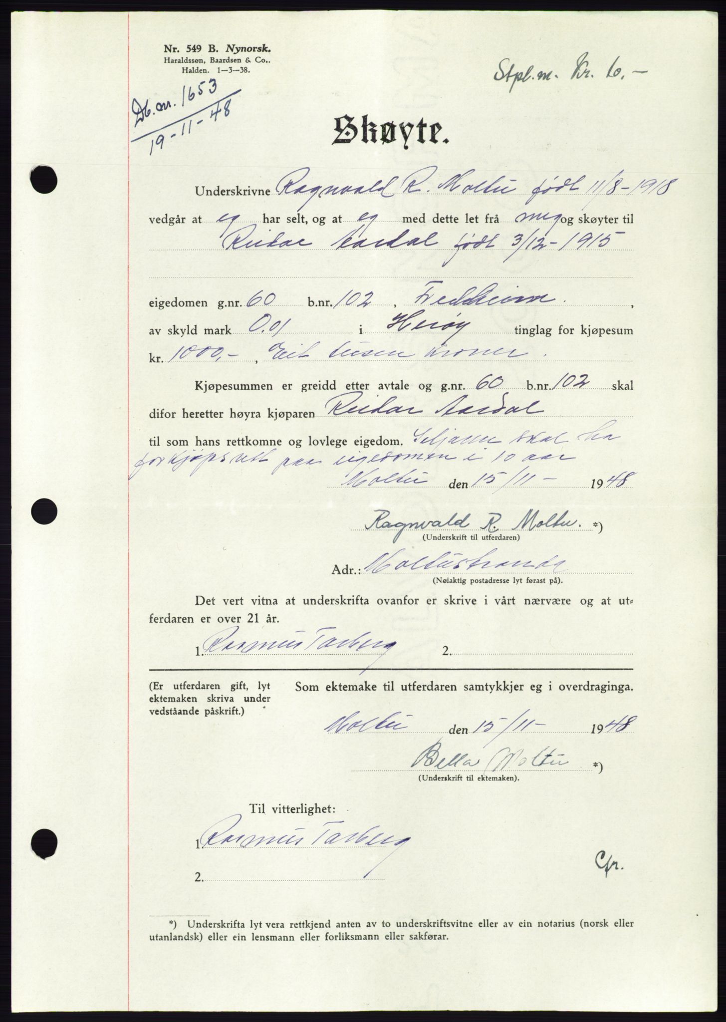 Søre Sunnmøre sorenskriveri, AV/SAT-A-4122/1/2/2C/L0083: Pantebok nr. 9A, 1948-1949, Dagboknr: 1653/1948