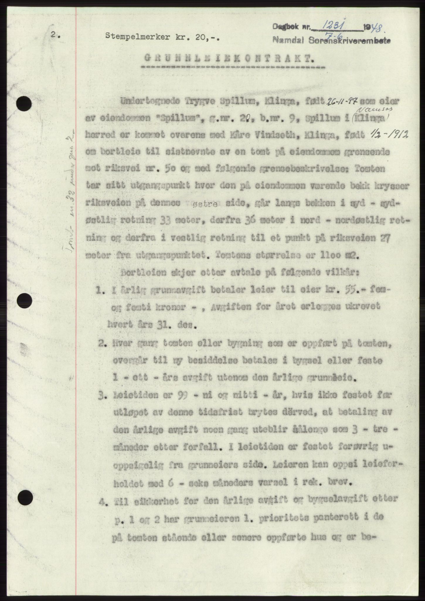 Namdal sorenskriveri, SAT/A-4133/1/2/2C: Pantebok nr. -, 1948-1948, Dagboknr: 1231/1948