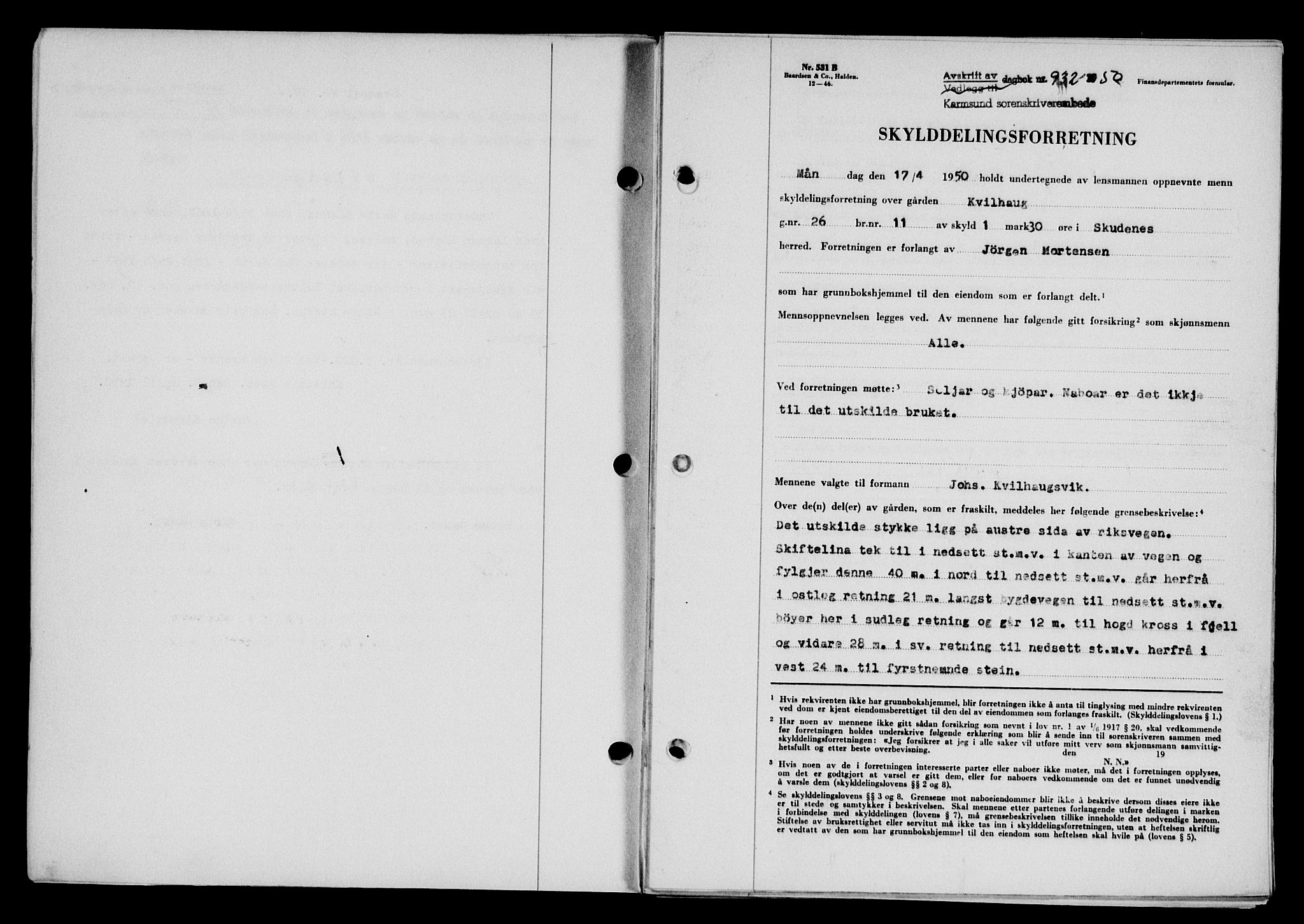 Karmsund sorenskriveri, SAST/A-100311/01/II/IIB/L0099: Pantebok nr. 79A, 1950-1950, Dagboknr: 932/1950