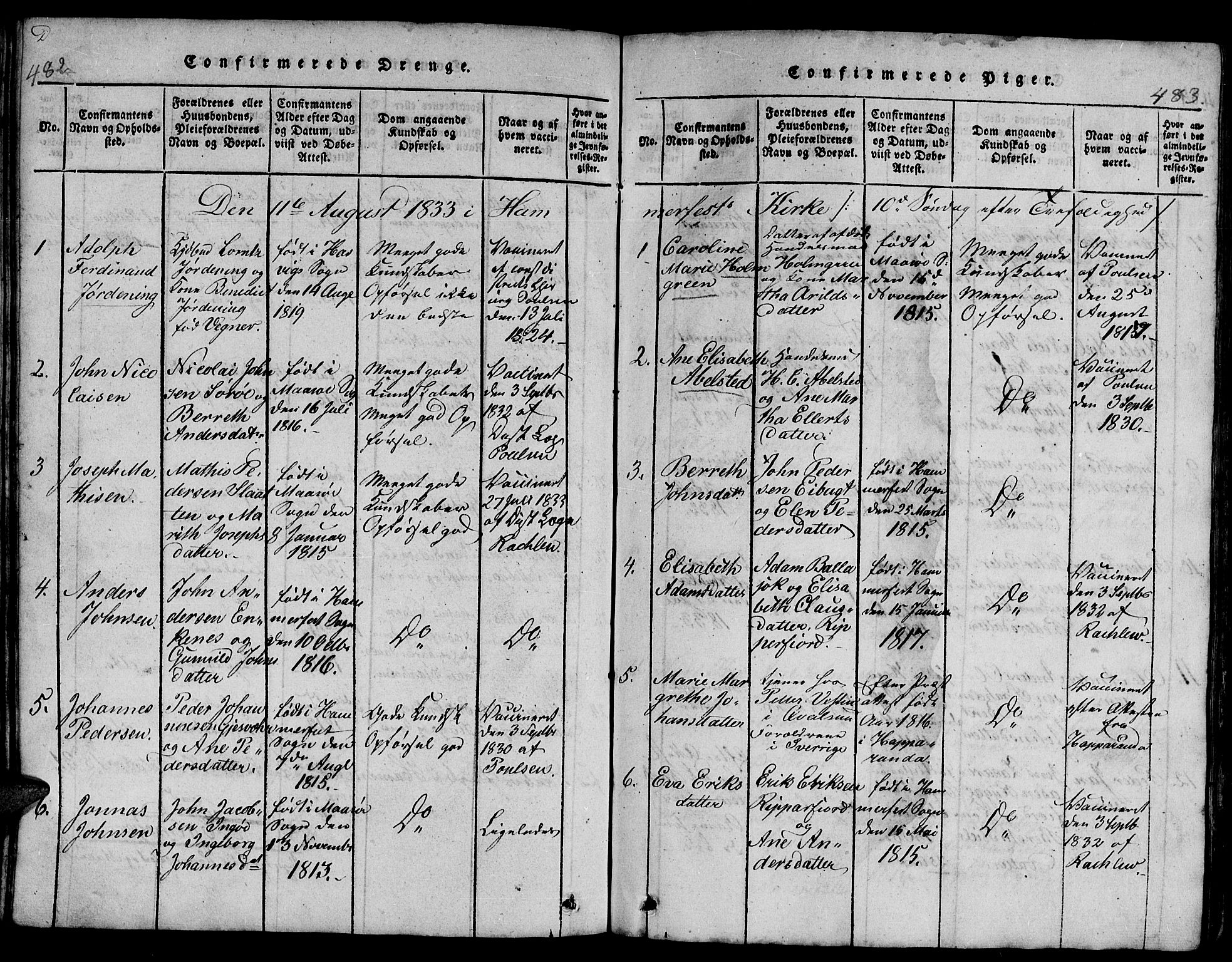 Hammerfest sokneprestkontor, SATØ/S-1347/H/Hb/L0001.klokk: Klokkerbok nr. 1, 1822-1850, s. 482-483