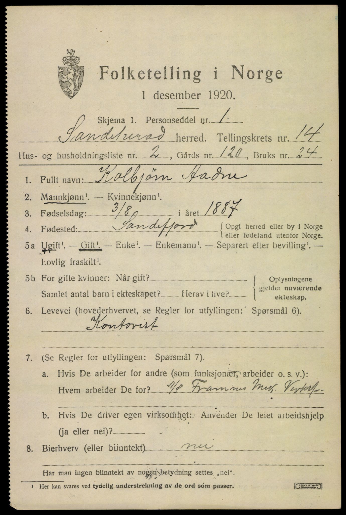 SAKO, Folketelling 1920 for 0724 Sandeherred herred, 1920, s. 20200