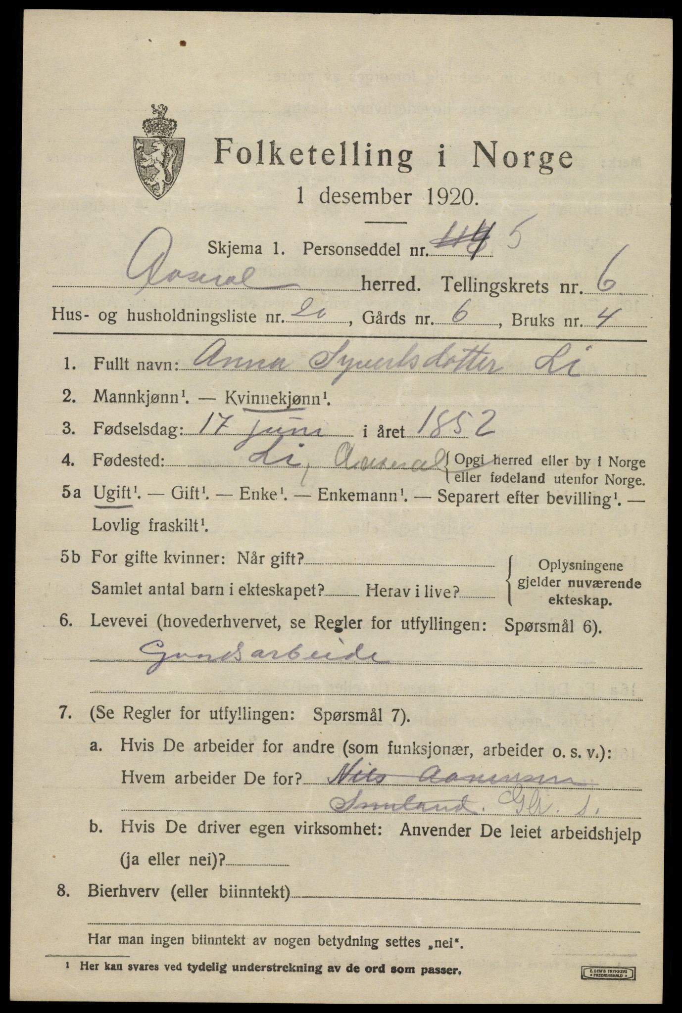 SAK, Folketelling 1920 for 1026 Åseral herred, 1920, s. 2024