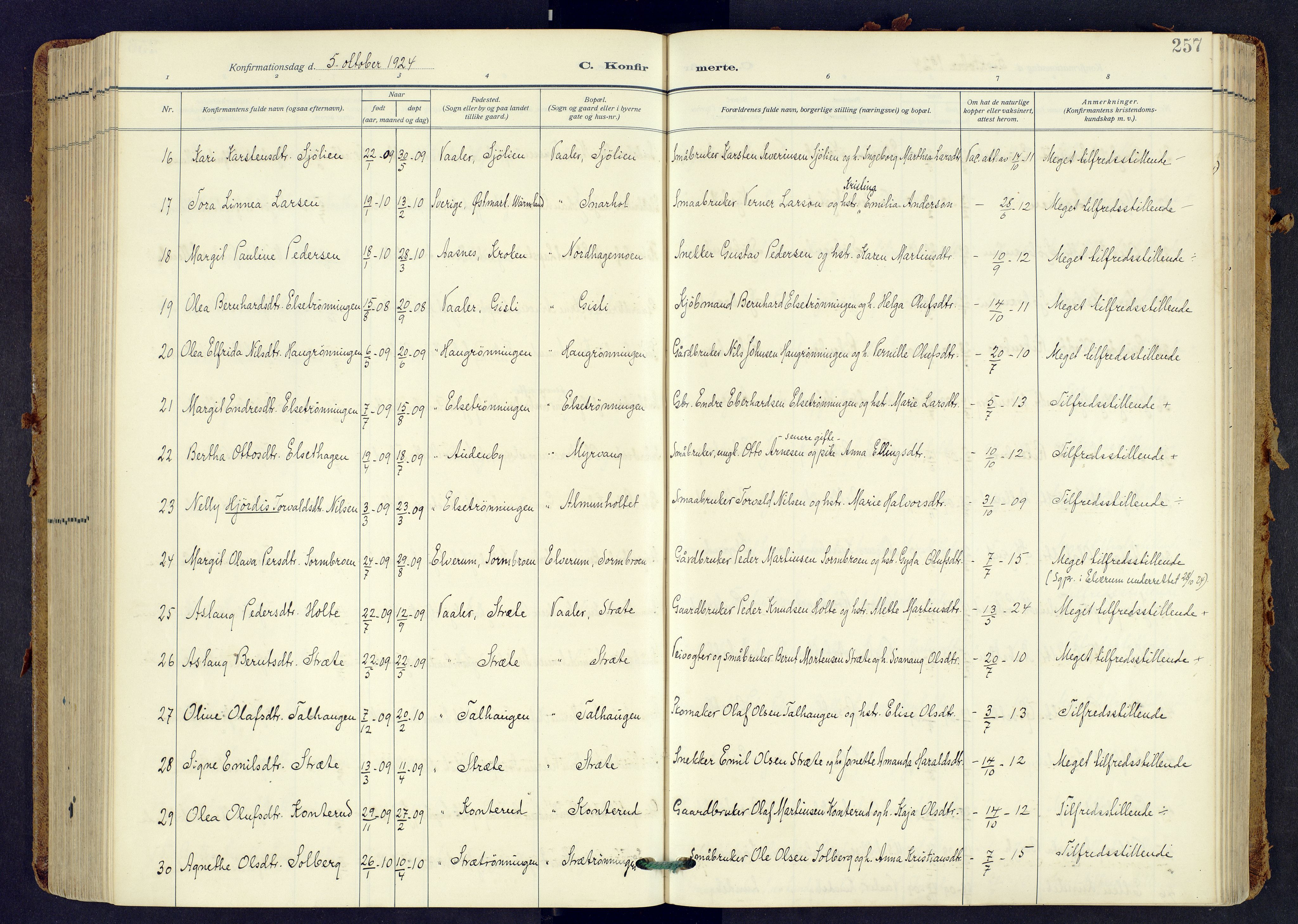 Våler prestekontor, Hedmark, AV/SAH-PREST-040/H/Ha/Haa/L0009: Ministerialbok nr. 9, 1912-1940, s. 257