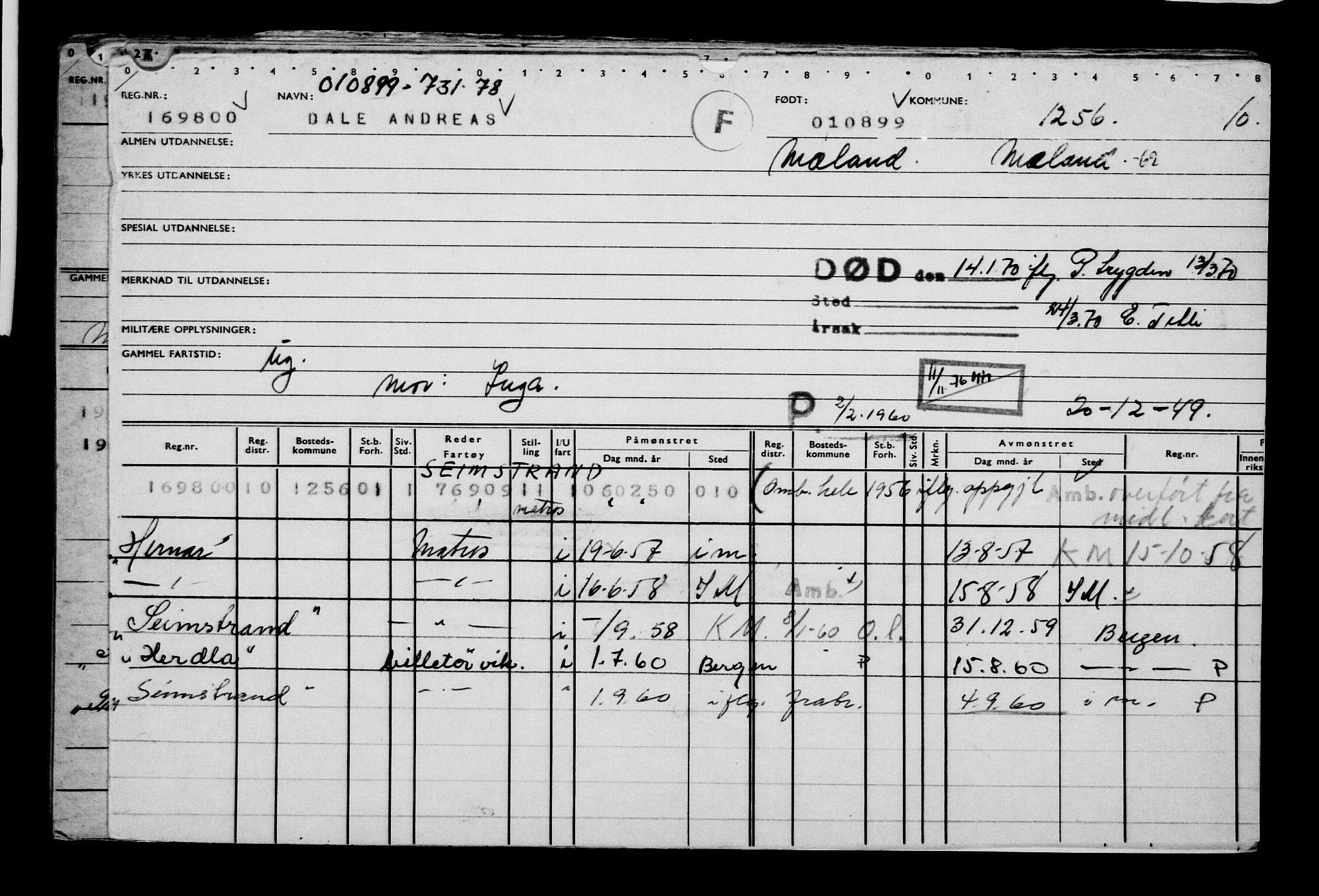 Direktoratet for sjømenn, AV/RA-S-3545/G/Gb/L0033: Hovedkort, 1899, s. 1