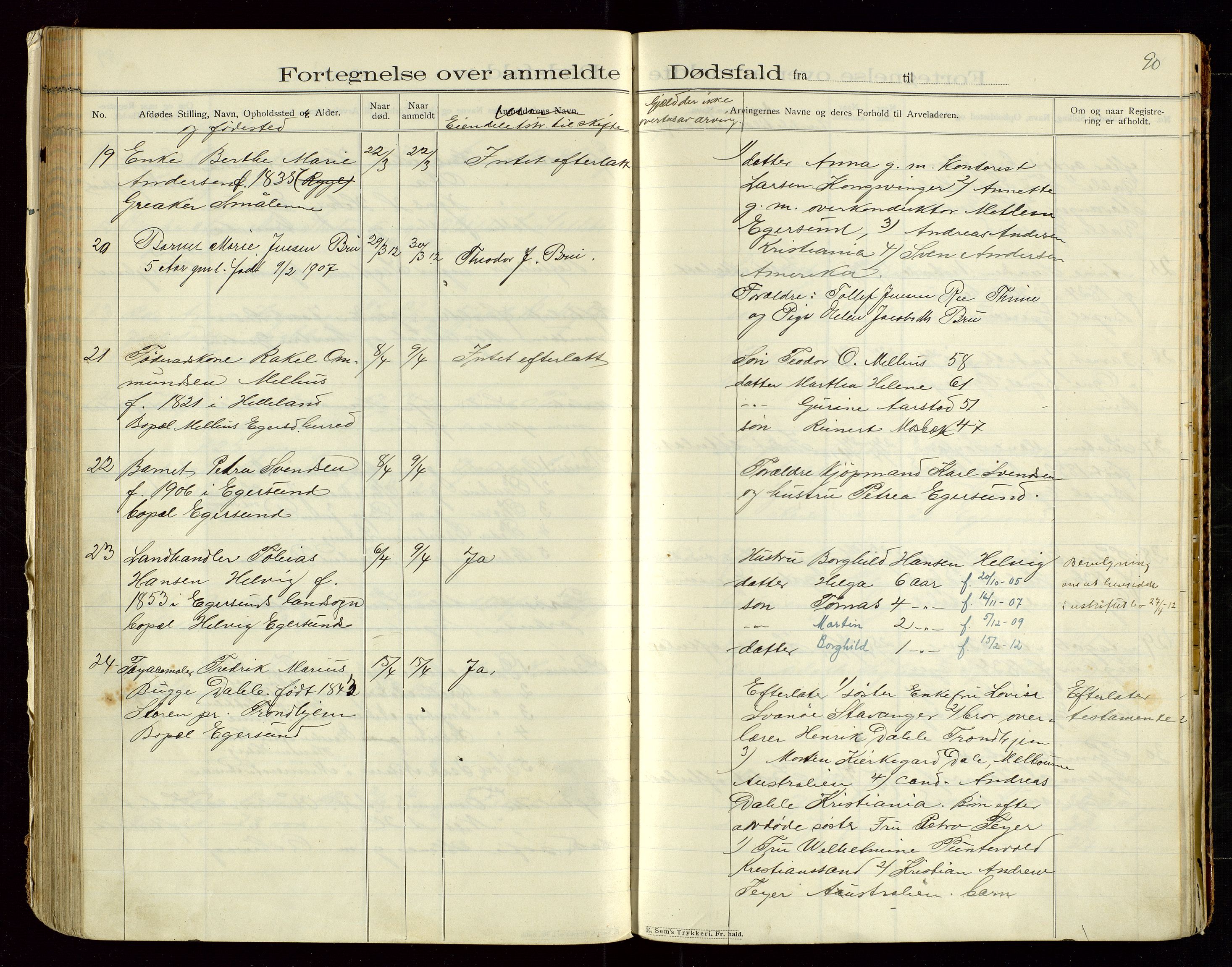 Eigersund lensmannskontor, AV/SAST-A-100171/Gga/L0005: "Dødsfalds-Protokol" m/alfabetisk navneregister, 1905-1913, s. 90
