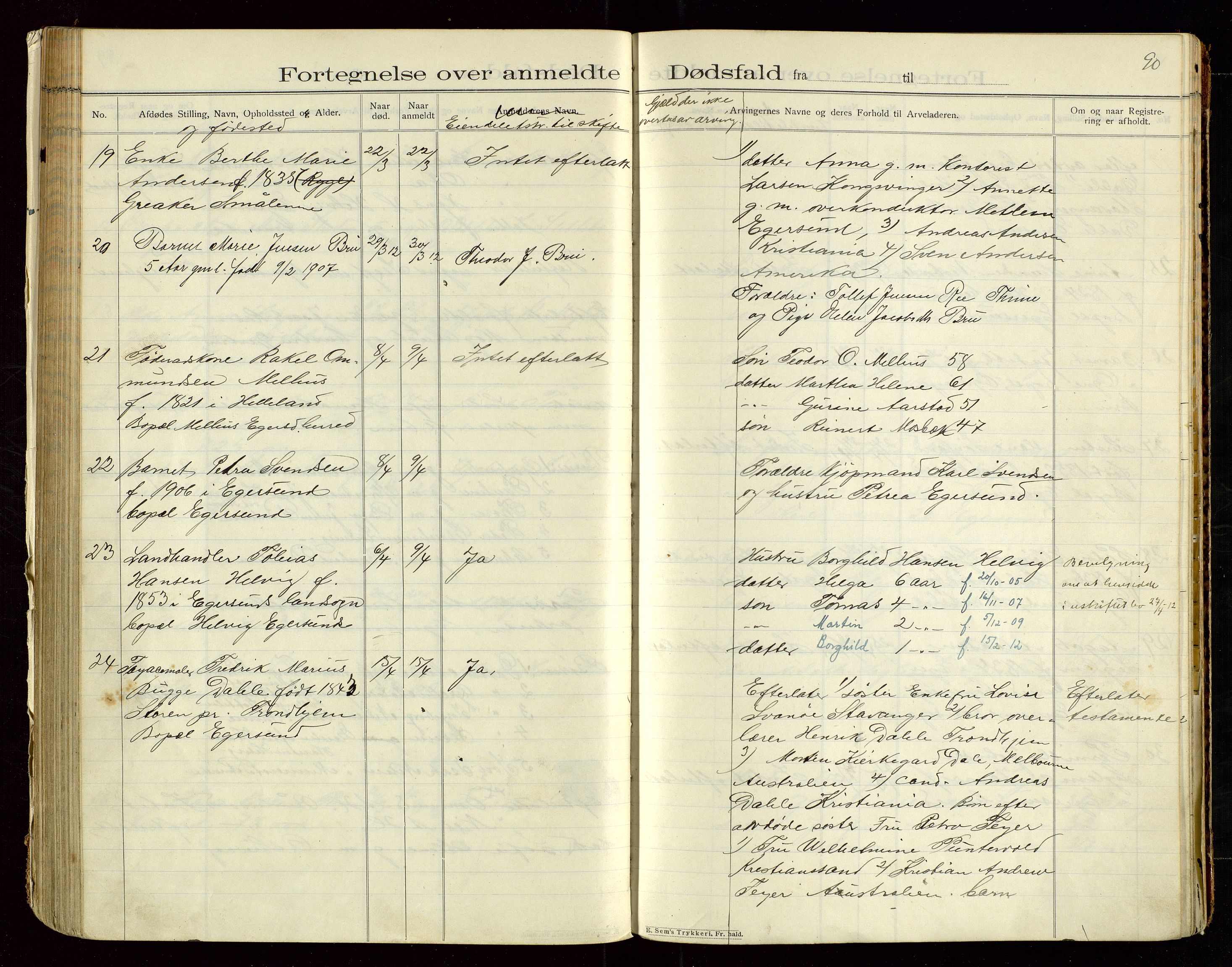 Eigersund lensmannskontor, SAST/A-100171/Gga/L0005: "Dødsfalds-Protokol" m/alfabetisk navneregister, 1905-1913, s. 90