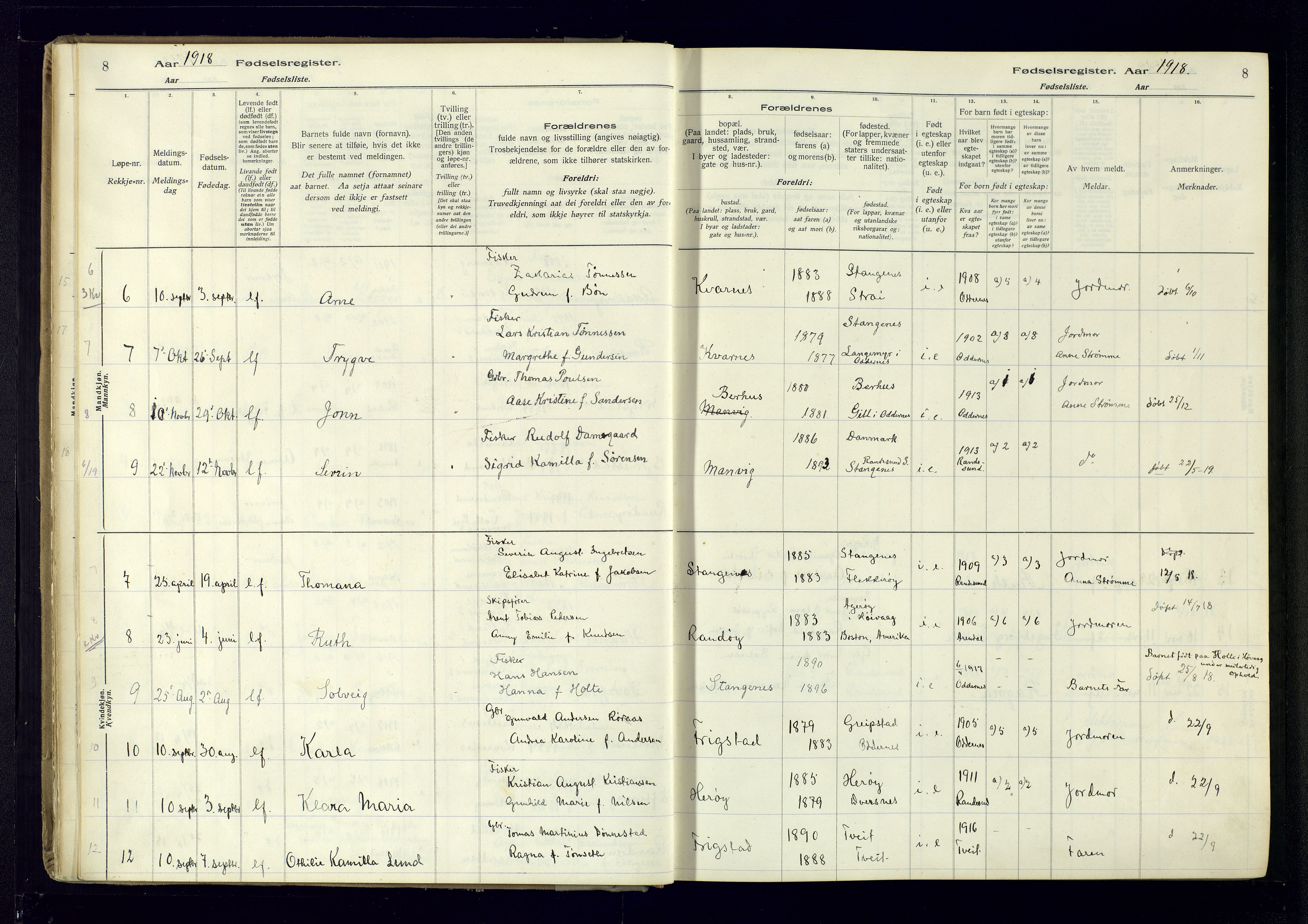 Oddernes sokneprestkontor, AV/SAK-1111-0033/J/Ja/L0007: Fødselsregister nr. 7, 1916-1971, s. 8