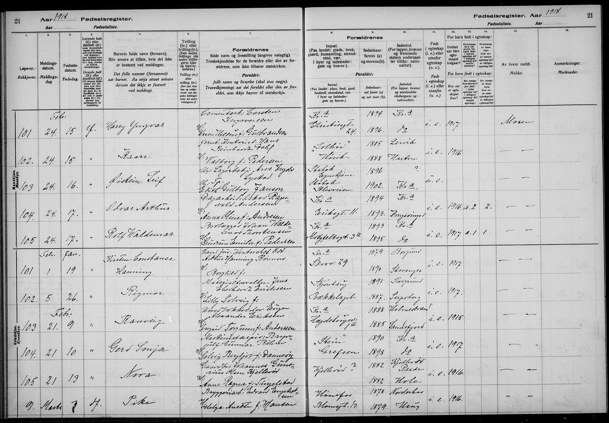 Rikshospitalet prestekontor Kirkebøker, AV/SAO-A-10309b/J/L0003: Fødselsregister nr. 3, 1918-1918, s. 21