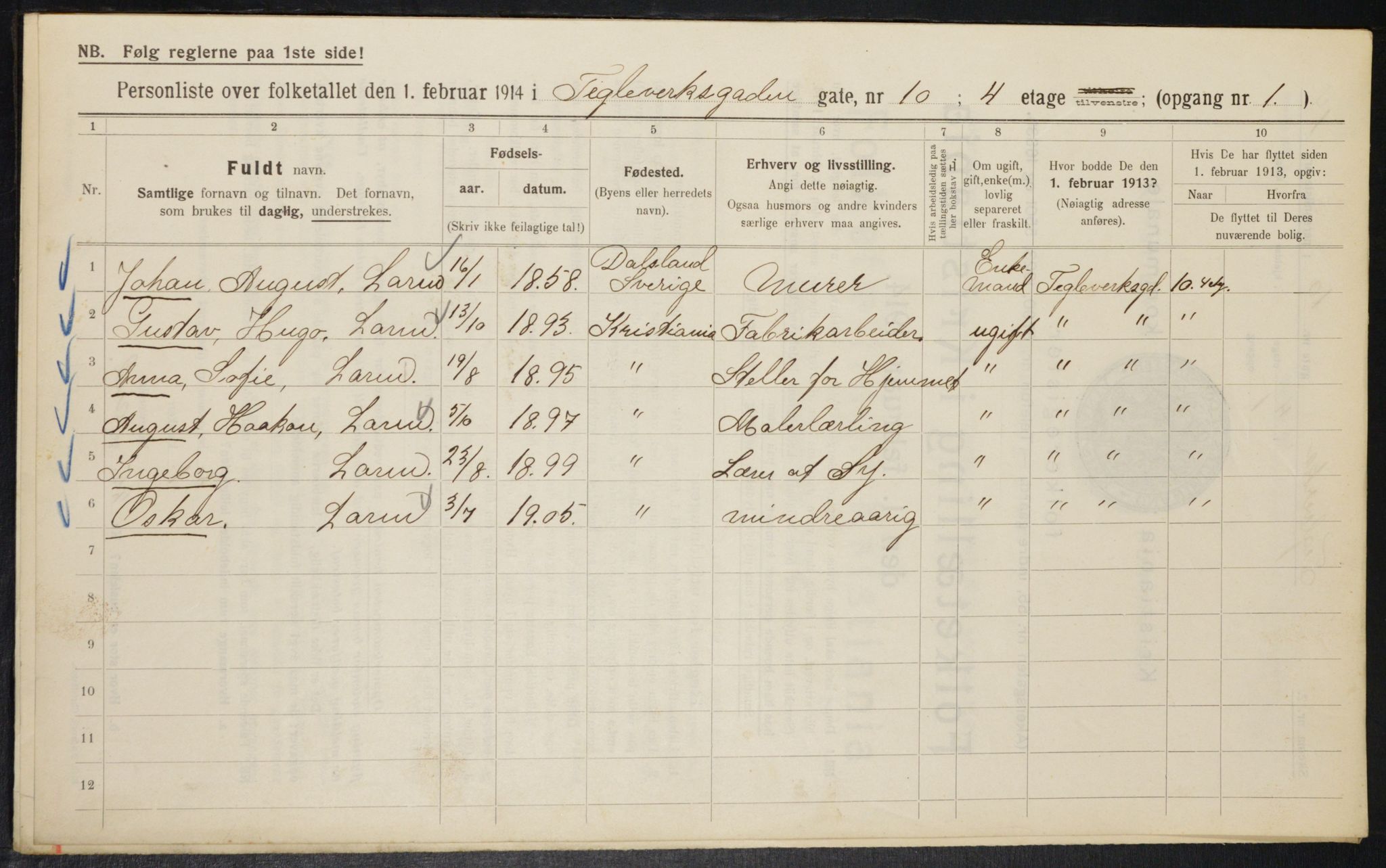 OBA, Kommunal folketelling 1.2.1914 for Kristiania, 1914, s. 108417