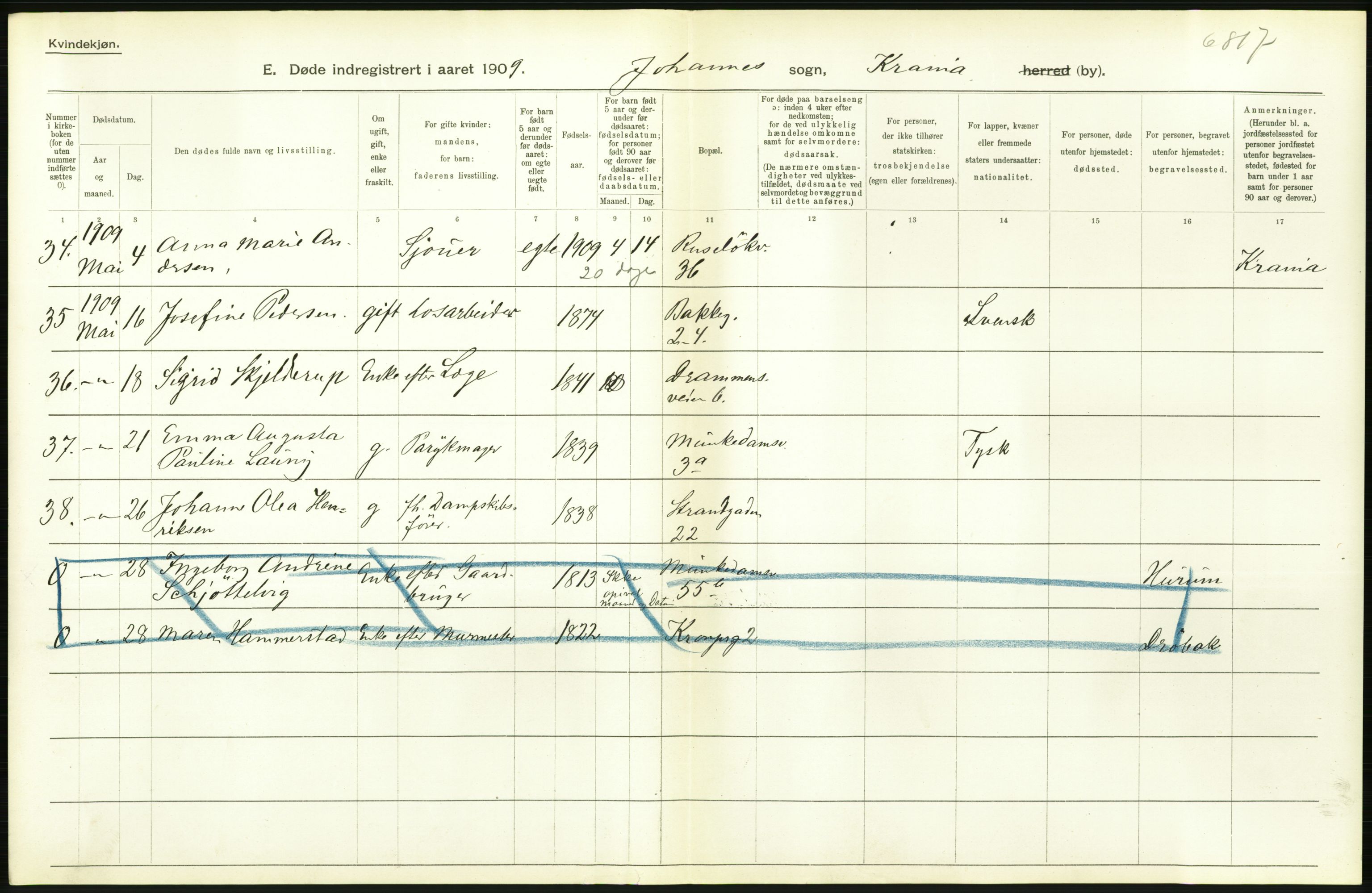 Statistisk sentralbyrå, Sosiodemografiske emner, Befolkning, AV/RA-S-2228/D/Df/Dfa/Dfag/L0010: Kristiania: Døde, dødfødte., 1909, s. 110