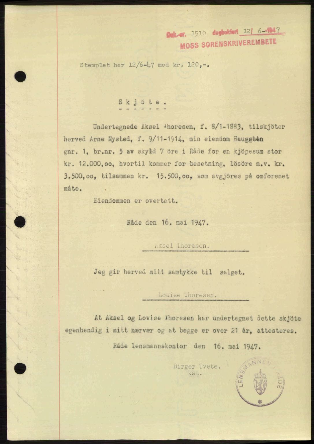 Moss sorenskriveri, SAO/A-10168: Pantebok nr. A17, 1947-1947, Dagboknr: 1510/1947