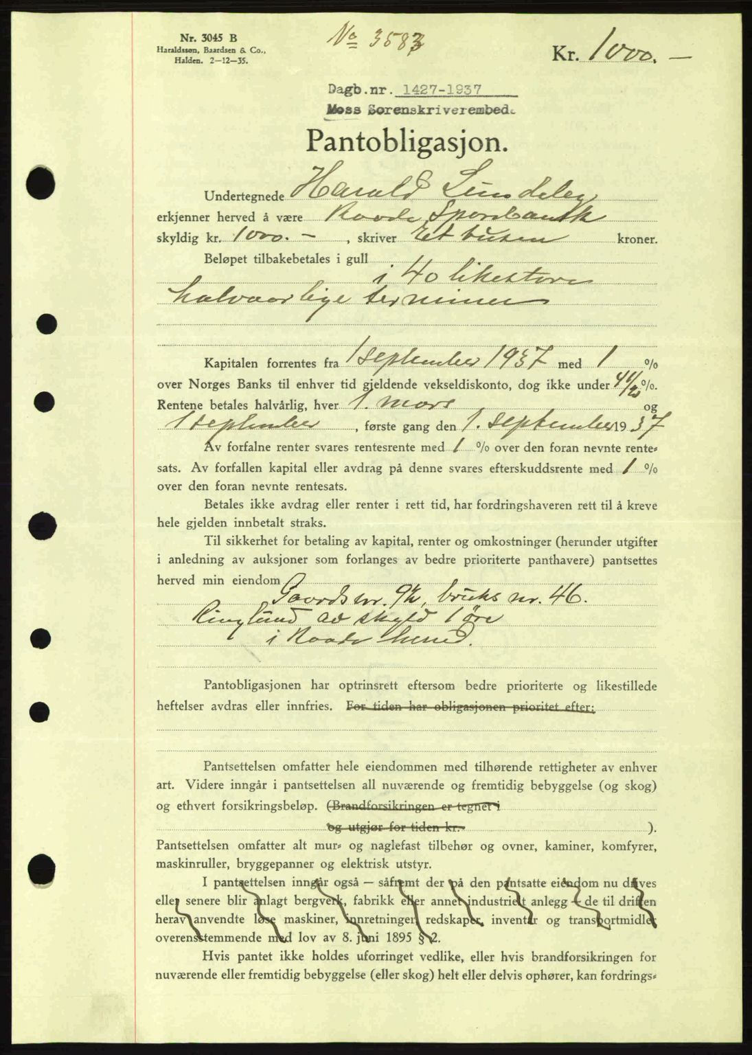Moss sorenskriveri, SAO/A-10168: Pantebok nr. B4, 1937-1938, Dagboknr: 1427/1937