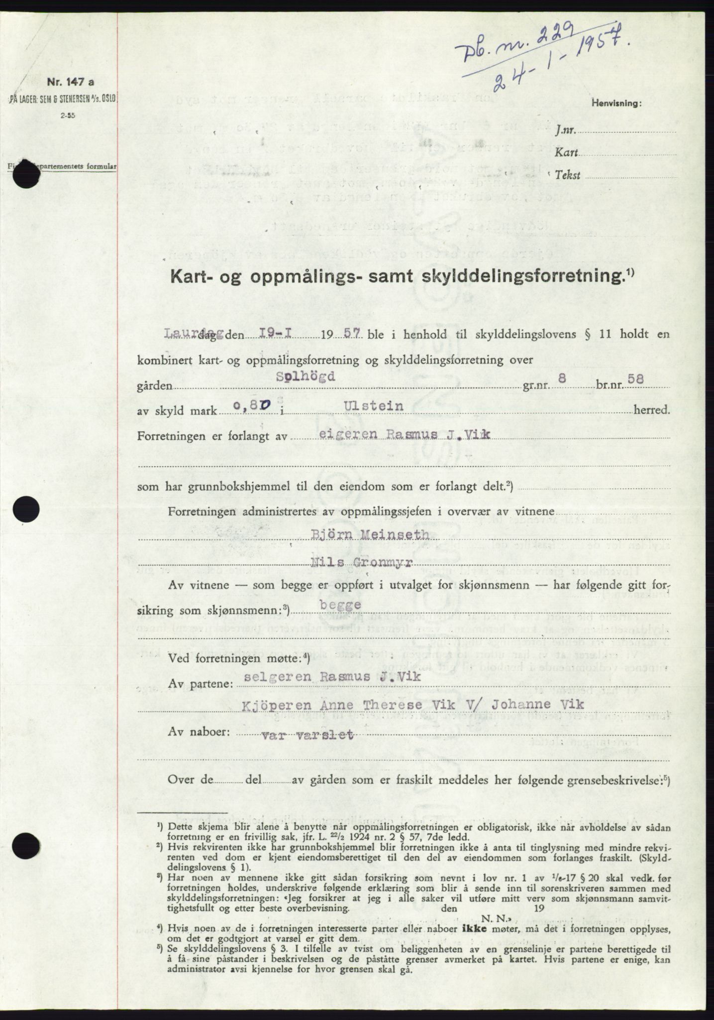 Søre Sunnmøre sorenskriveri, AV/SAT-A-4122/1/2/2C/L0105: Pantebok nr. 31A, 1956-1957, Dagboknr: 229/1957