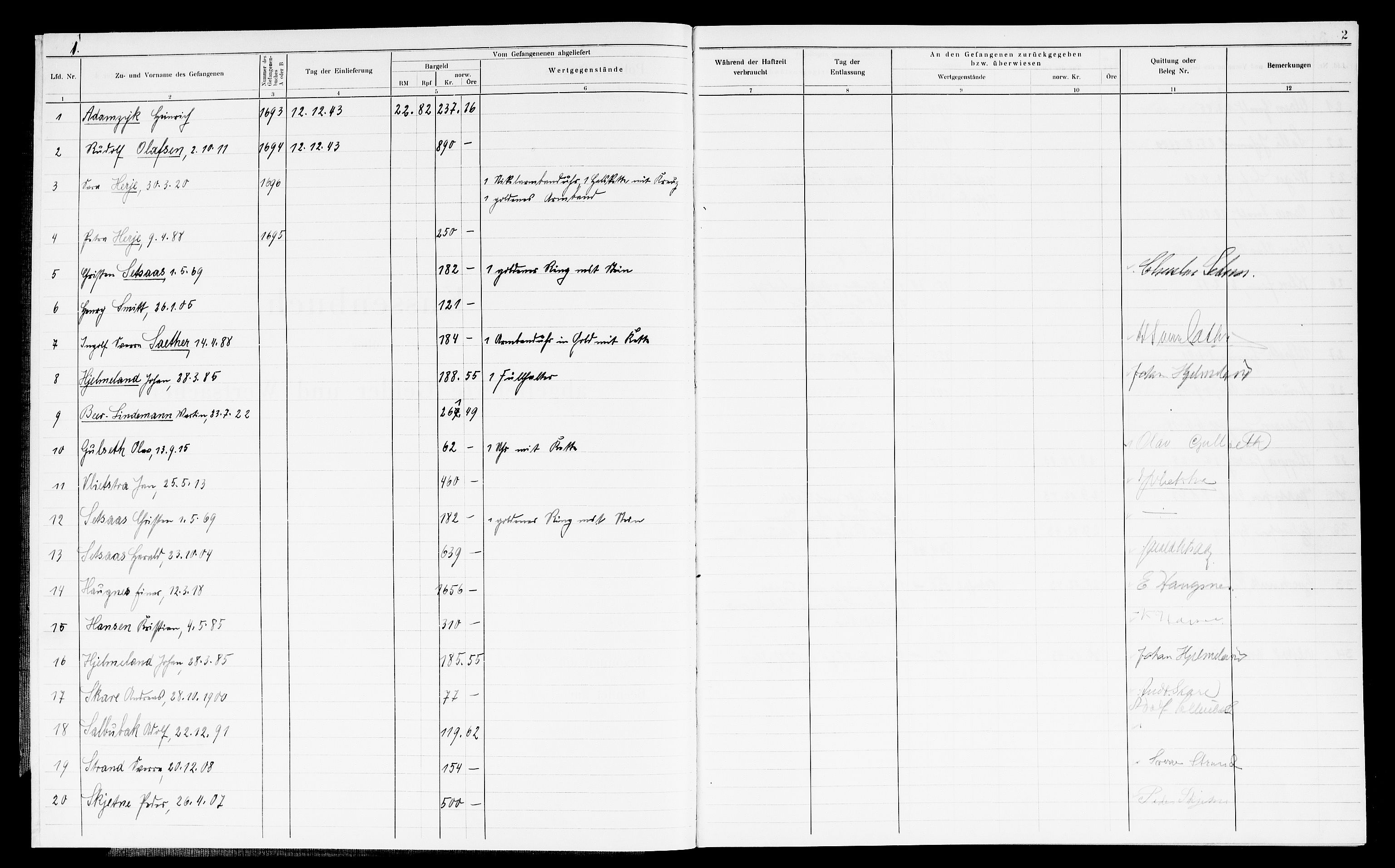 Befehlshaber der Sicherheitspolizei und des SD, AV/RA-RAFA-5969/F/Fc/L0015: Vollan fengsel - Kassenbuch über abgelieferte Gelder und Wertsachen, 1943