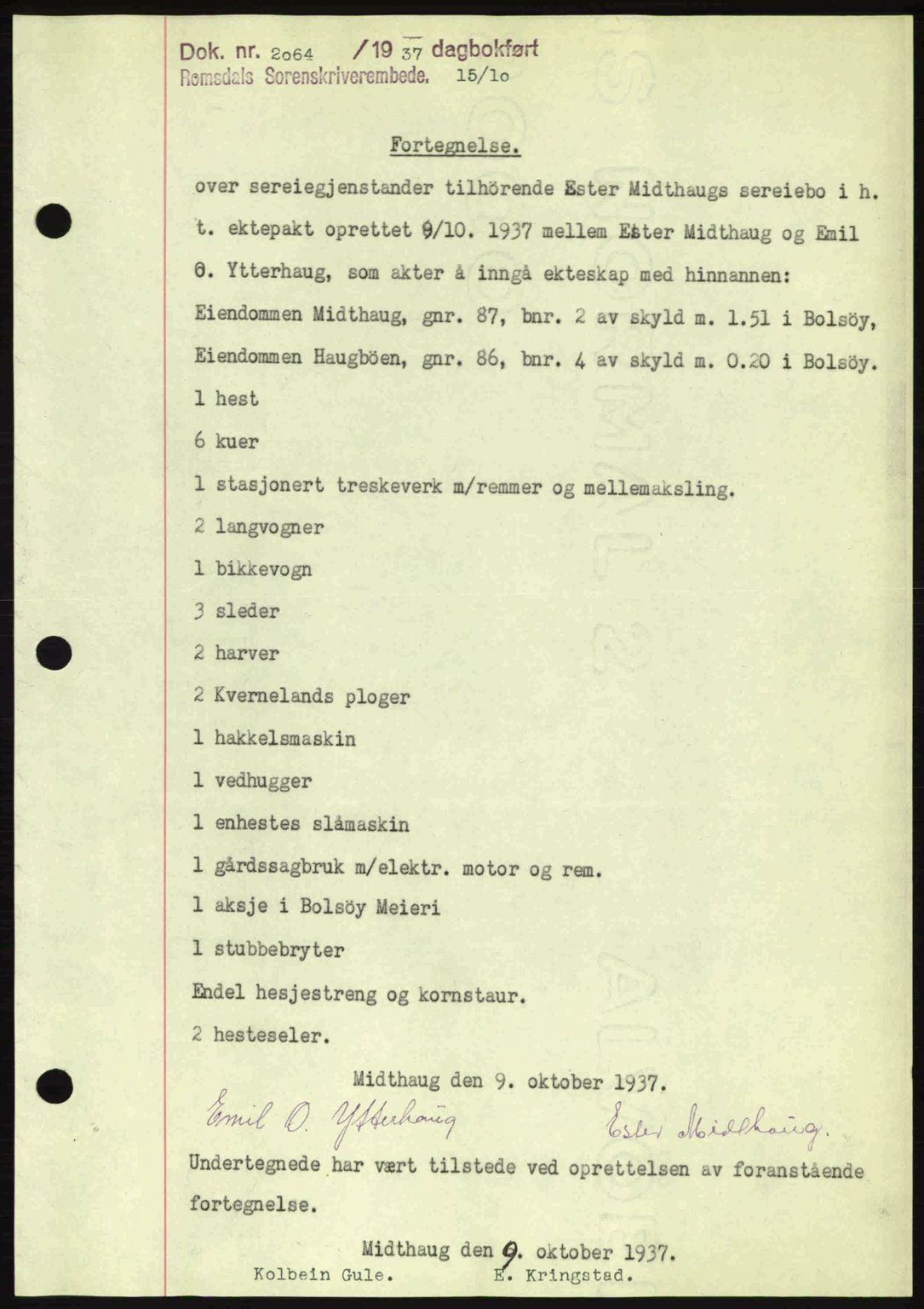 Romsdal sorenskriveri, SAT/A-4149/1/2/2C: Pantebok nr. A4, 1937-1938, Dagboknr: 2064/1937