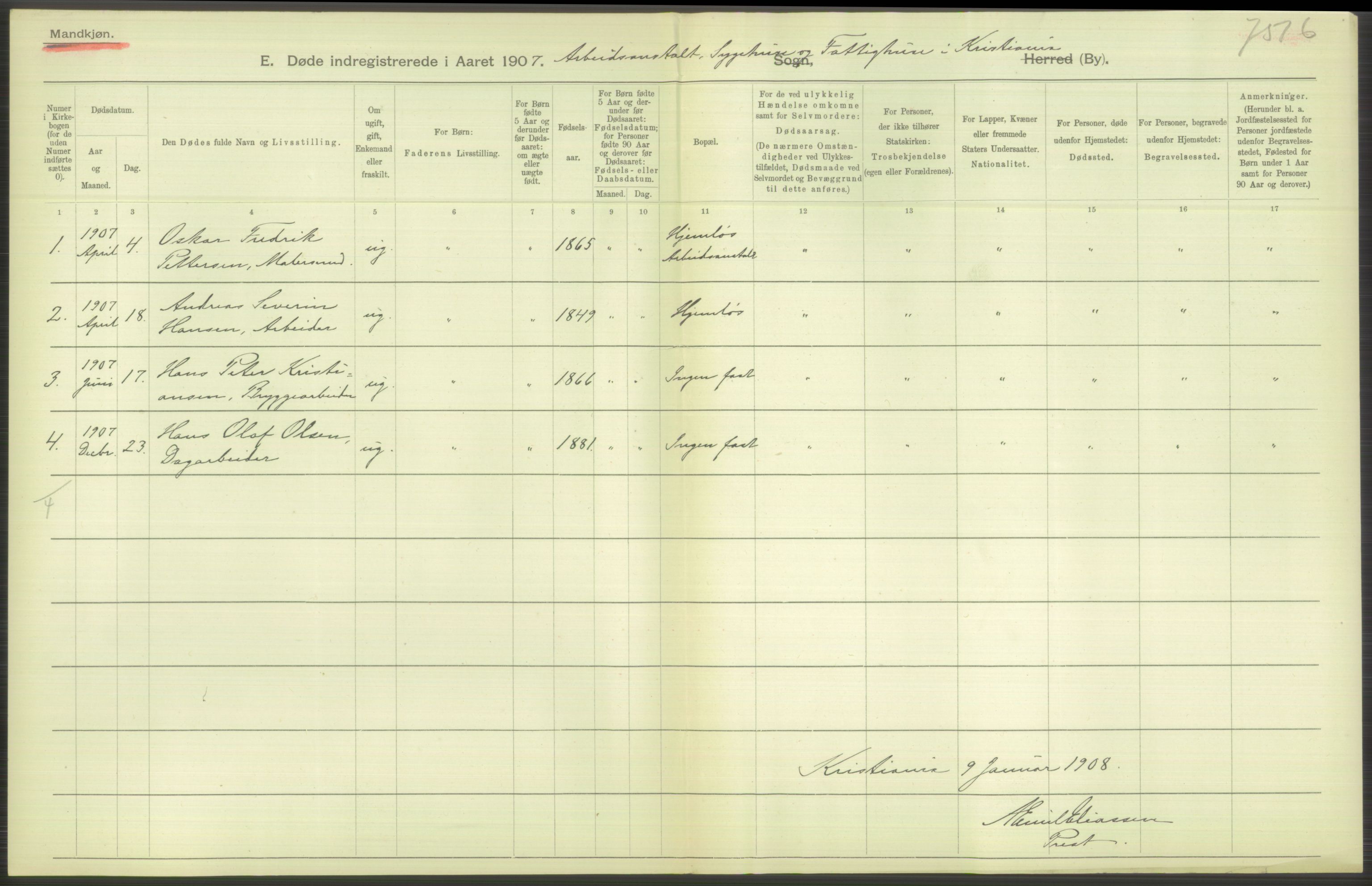 Statistisk sentralbyrå, Sosiodemografiske emner, Befolkning, RA/S-2228/D/Df/Dfa/Dfae/L0009: Kristiania: Døde, 1907, s. 116