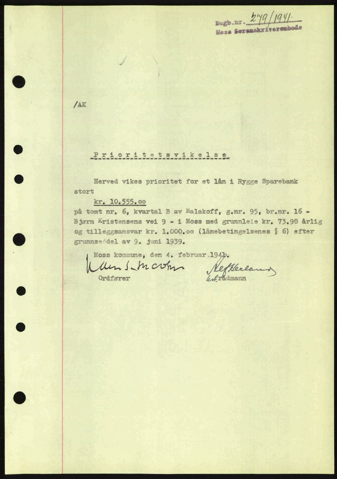 Moss sorenskriveri, SAO/A-10168: Pantebok nr. B10, 1940-1941, Dagboknr: 279/1941