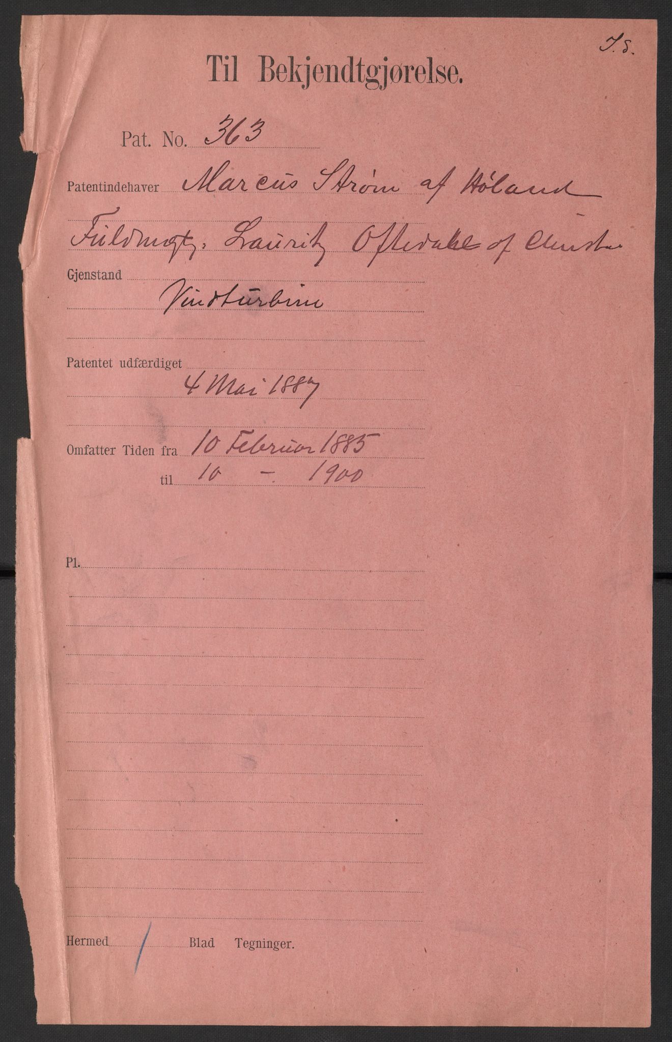 Styret for det industrielle rettsvern (Patentstyret), RA/S-1654/D/Dd/Dda/L0008A: Patent nr. 351-375, 1887, s. 12