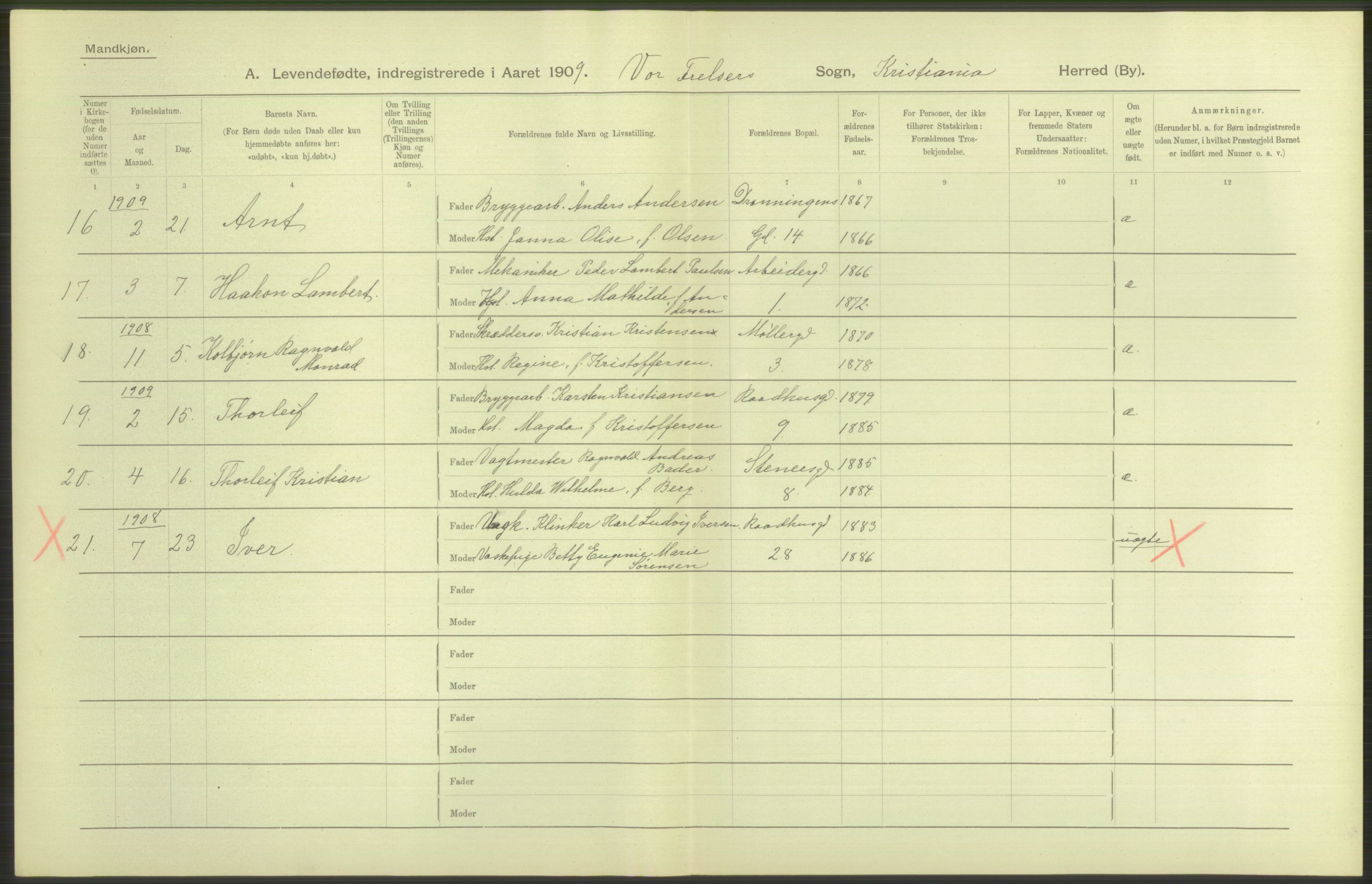 Statistisk sentralbyrå, Sosiodemografiske emner, Befolkning, AV/RA-S-2228/D/Df/Dfa/Dfag/L0007: Kristiania: Levendefødte menn og kvinner., 1909, s. 118