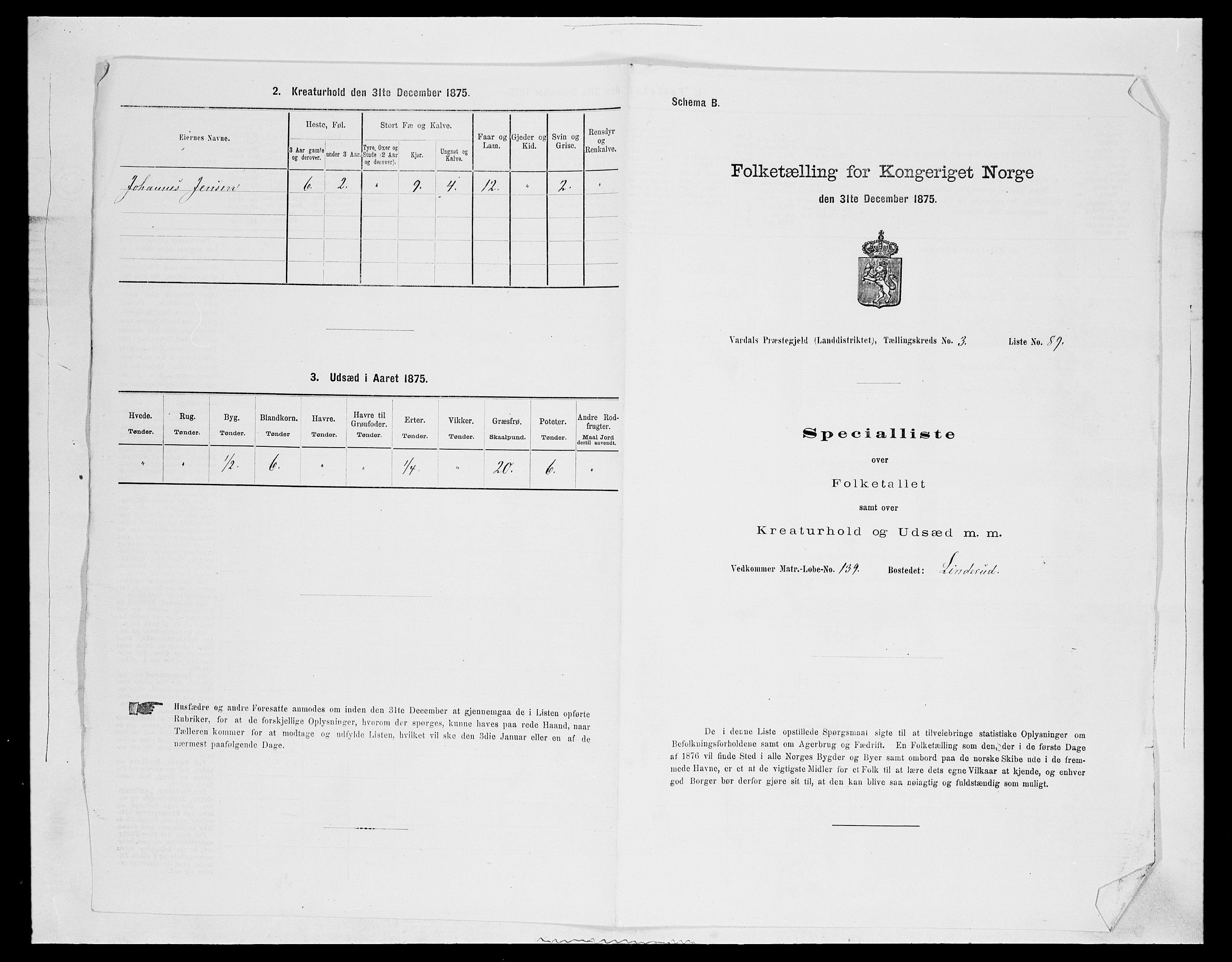SAH, Folketelling 1875 for 0527L Vardal prestegjeld, Vardal sokn og Hunn sokn, 1875, s. 517