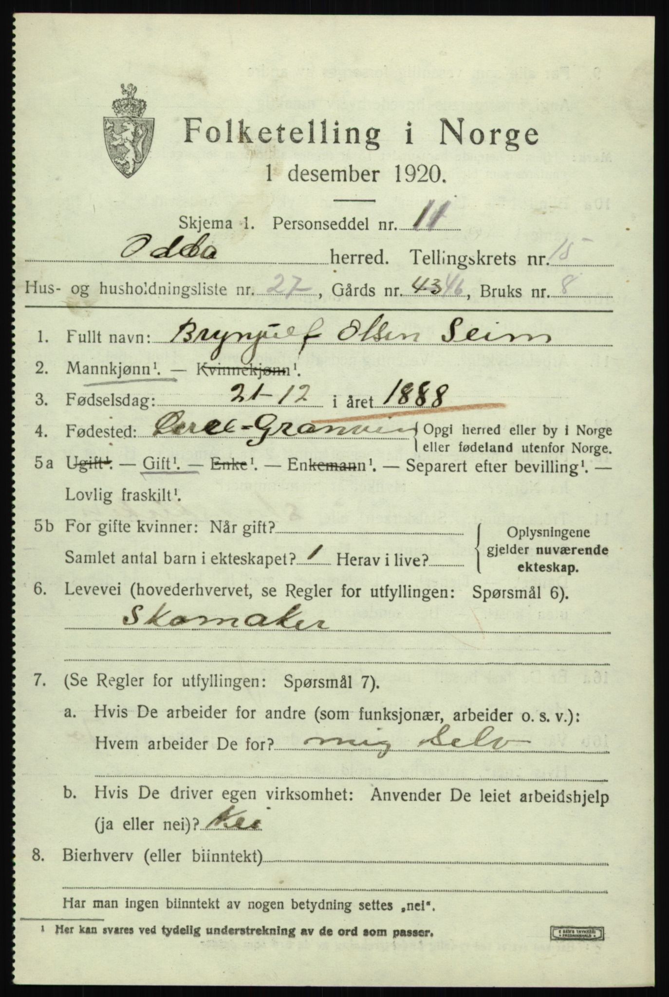 SAB, Folketelling 1920 for 1228 Odda herred, 1920, s. 13707