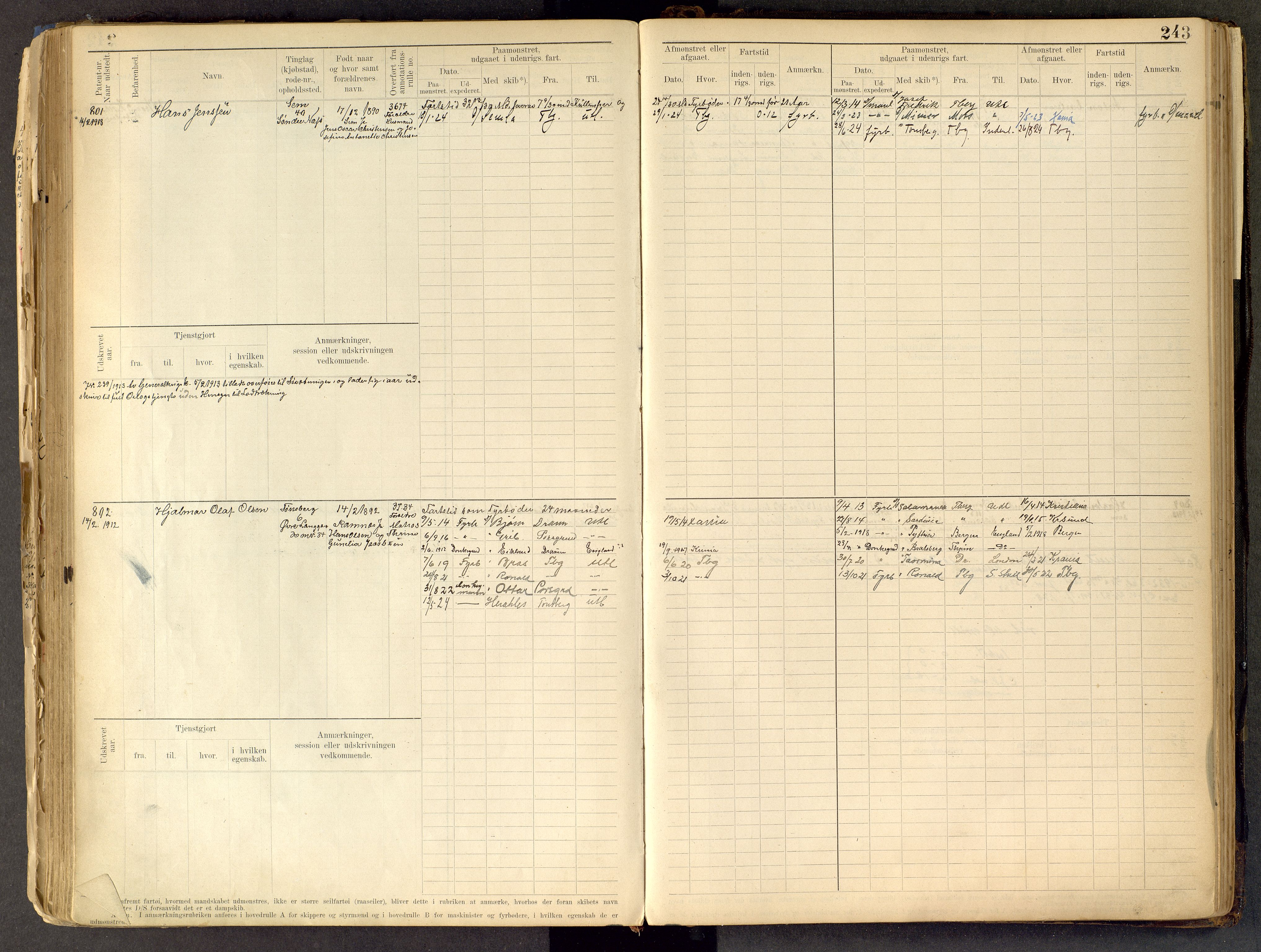 Tønsberg innrulleringskontor, SAKO/A-786/F/Fe/L0002: Maskinist- og fyrbøterrulle Patent nr. 315-1110, 1902-1924, s. 243