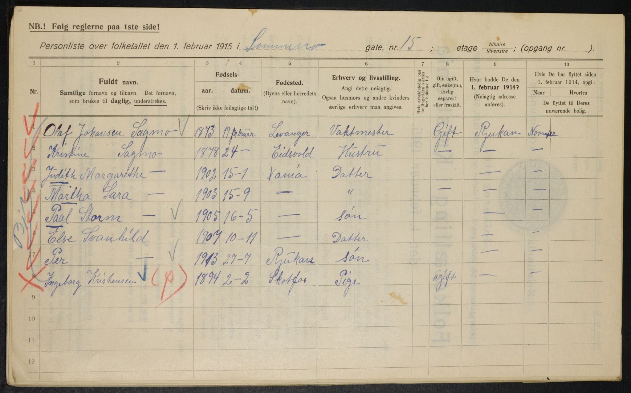 OBA, Kommunal folketelling 1.2.1915 for Kristiania, 1915, s. 99582