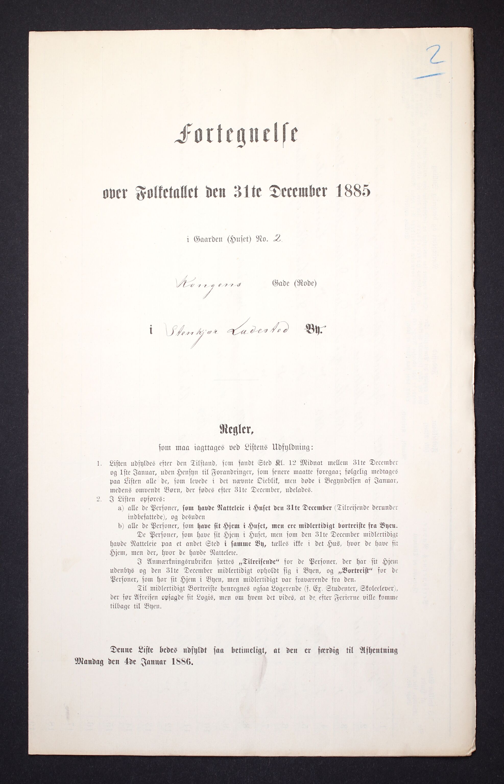 SAT, Folketelling 1885 for 1702 Steinkjer ladested, 1885, s. 2a