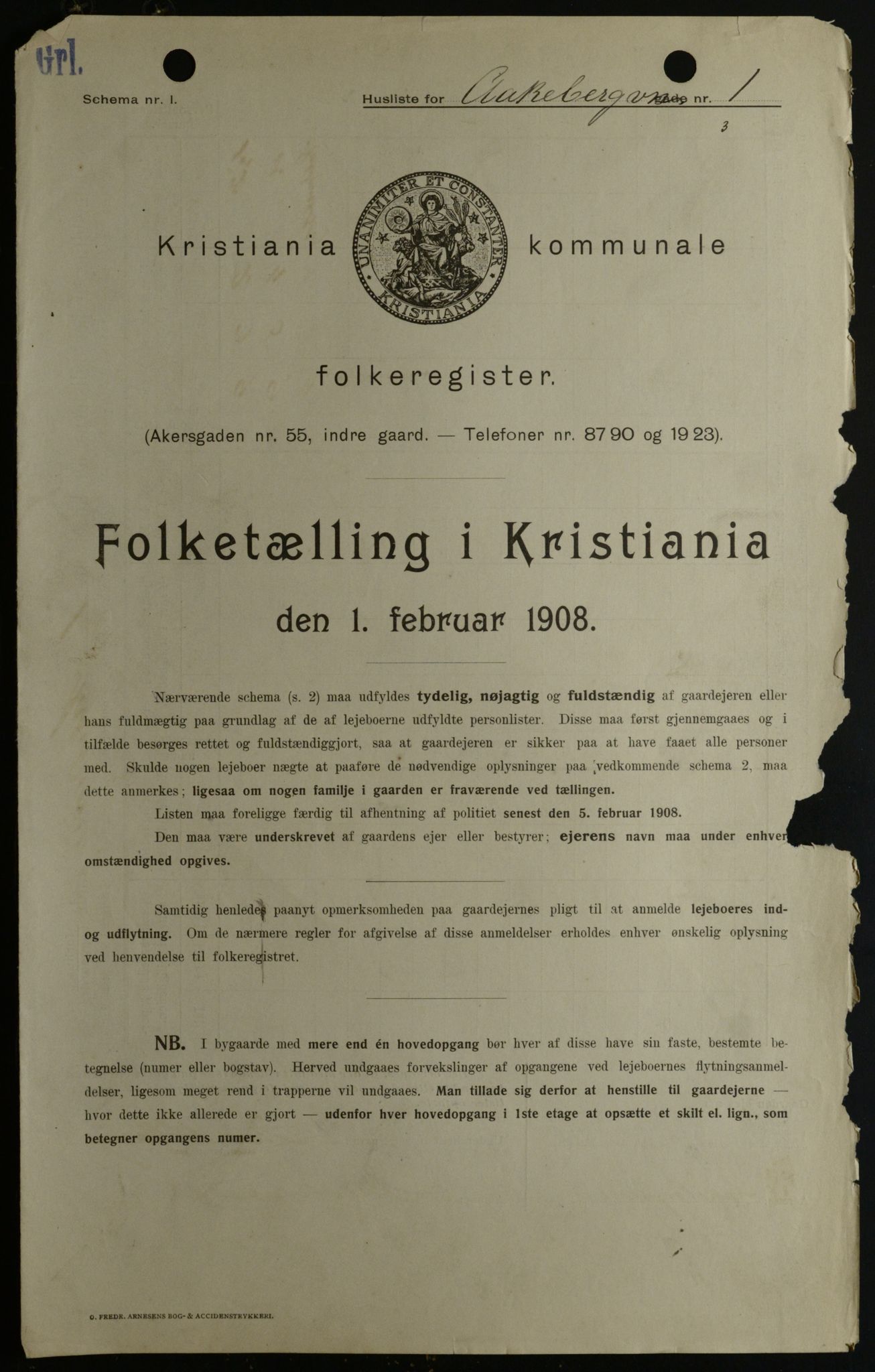 OBA, Kommunal folketelling 1.2.1908 for Kristiania kjøpstad, 1908, s. 116985