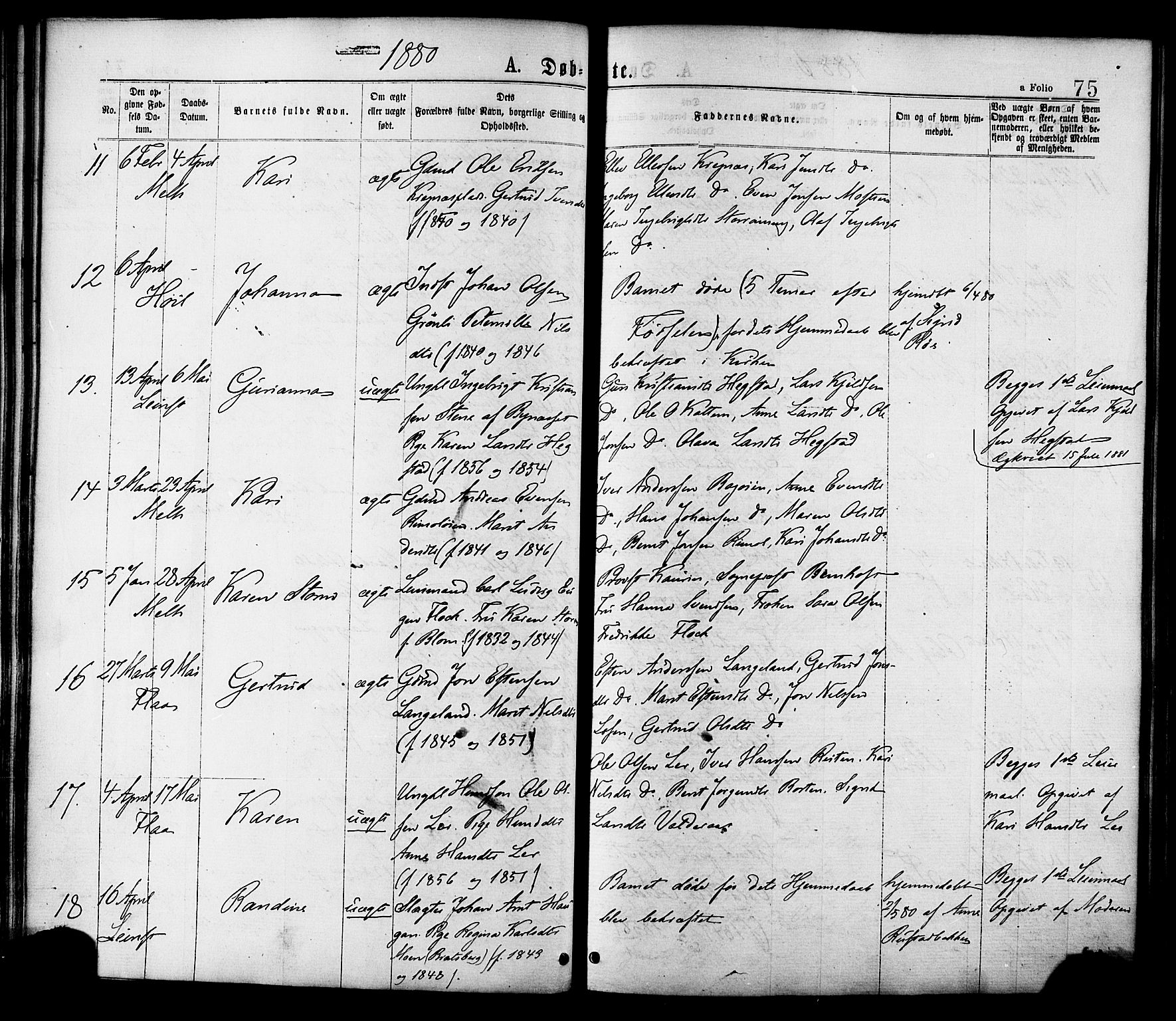 Ministerialprotokoller, klokkerbøker og fødselsregistre - Sør-Trøndelag, AV/SAT-A-1456/691/L1079: Ministerialbok nr. 691A11, 1873-1886, s. 75