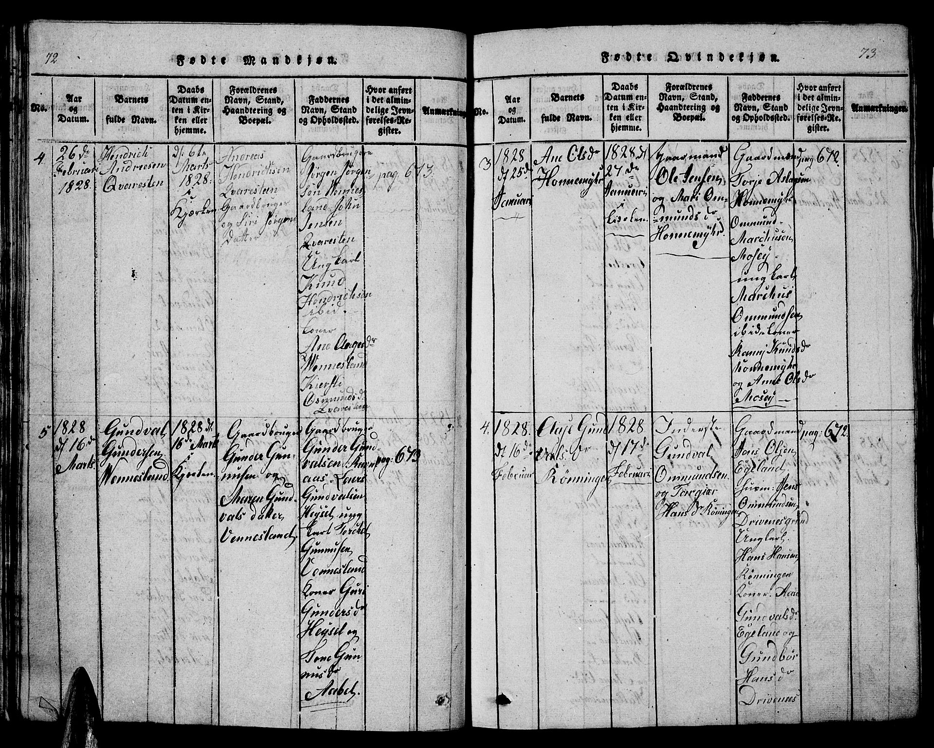 Vennesla sokneprestkontor, AV/SAK-1111-0045/Fb/Fbb/L0001: Klokkerbok nr. B 1, 1820-1834, s. 72-73