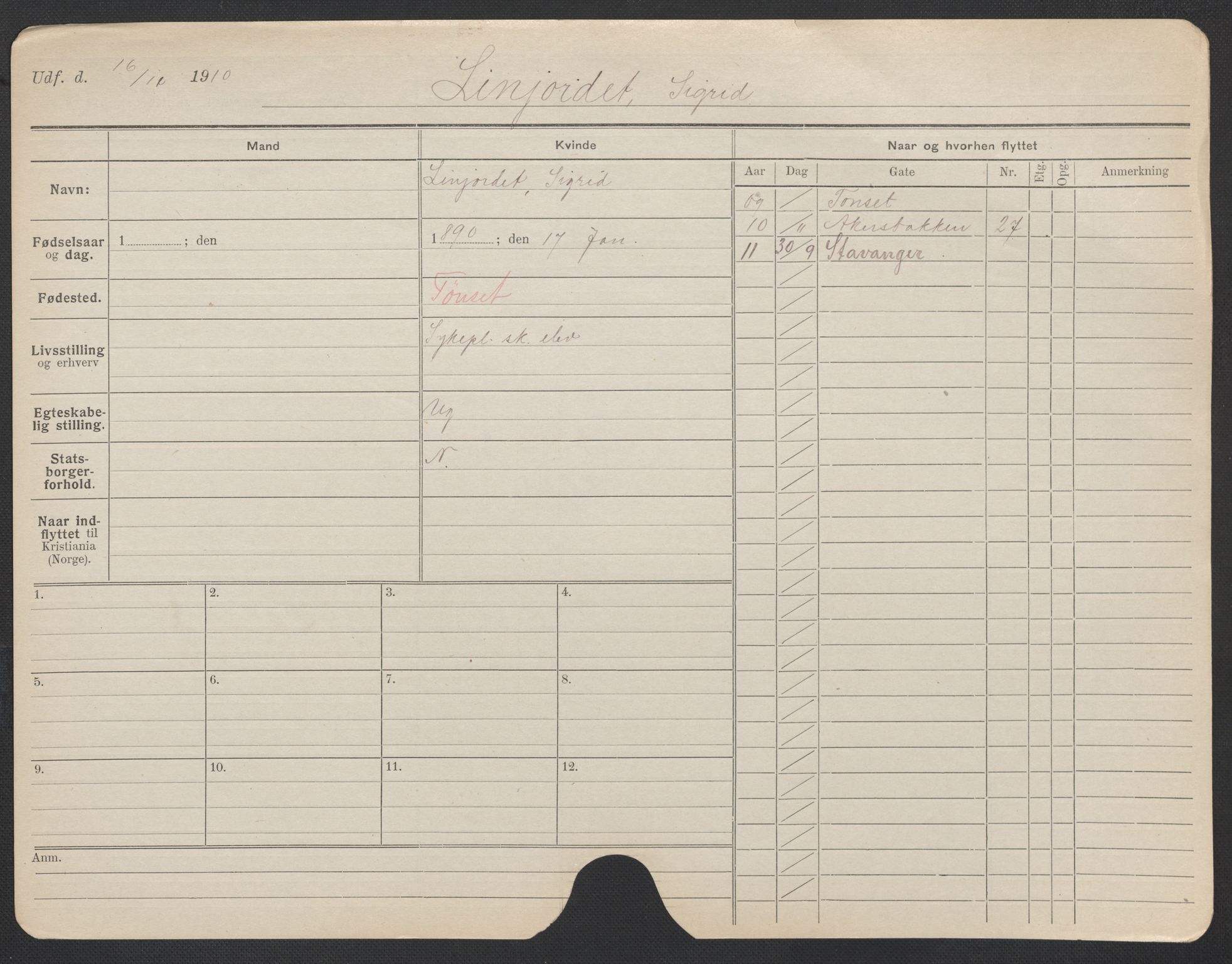 Oslo folkeregister, Registerkort, AV/SAO-A-11715/F/Fa/Fac/L0020: Kvinner, 1906-1914, s. 175a