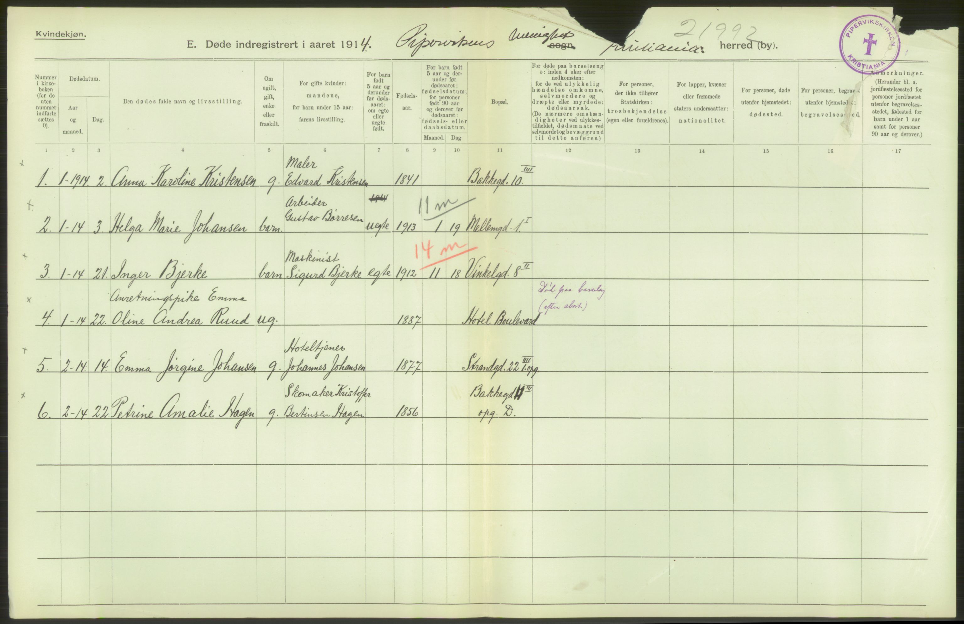 Statistisk sentralbyrå, Sosiodemografiske emner, Befolkning, AV/RA-S-2228/D/Df/Dfb/Dfbd/L0008: Kristiania: Døde, 1914, s. 66