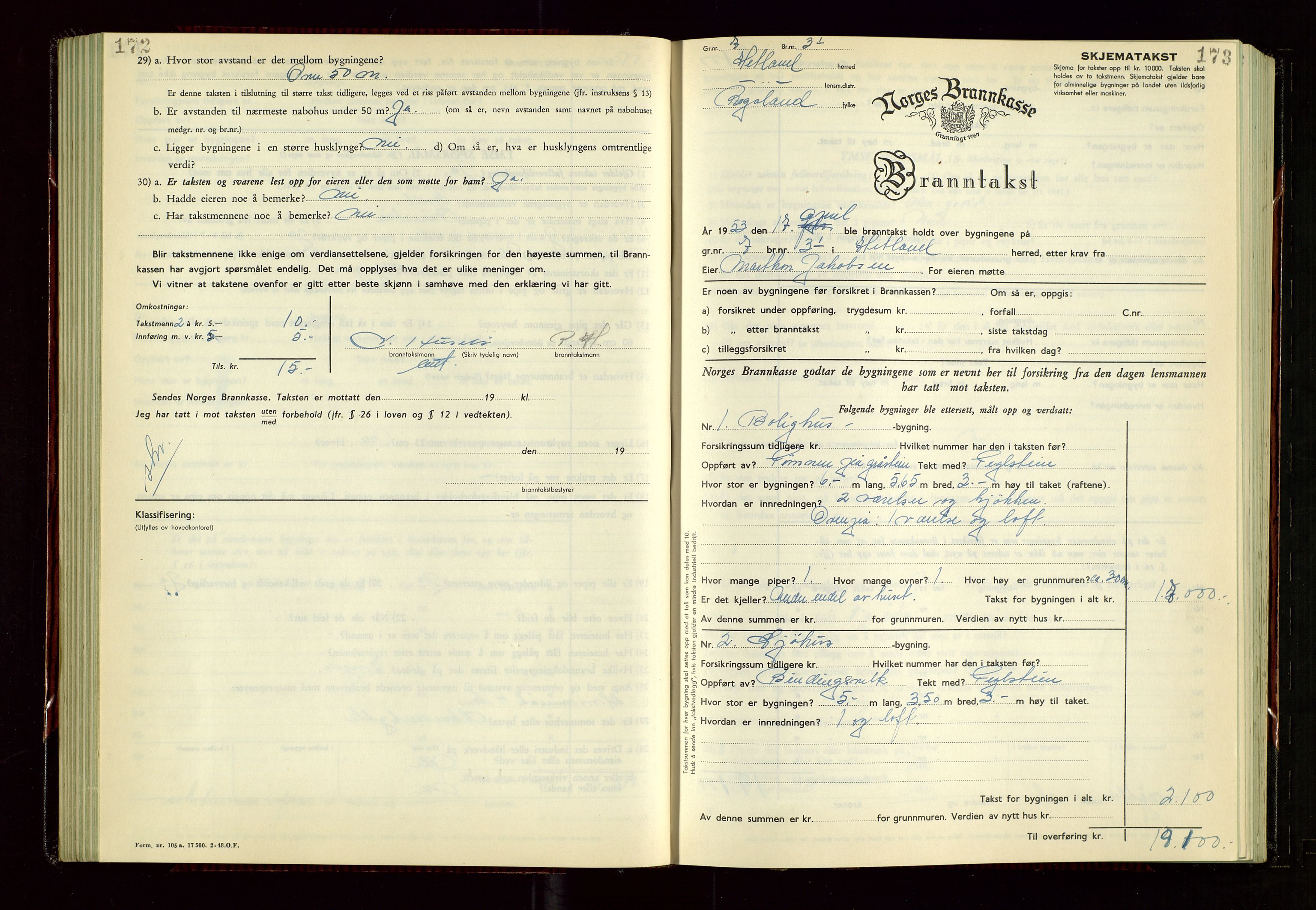 Hetland lensmannskontor, AV/SAST-A-100101/Gob/L0008: "Branntakstprotokoll", 1949-1953, s. 172-173