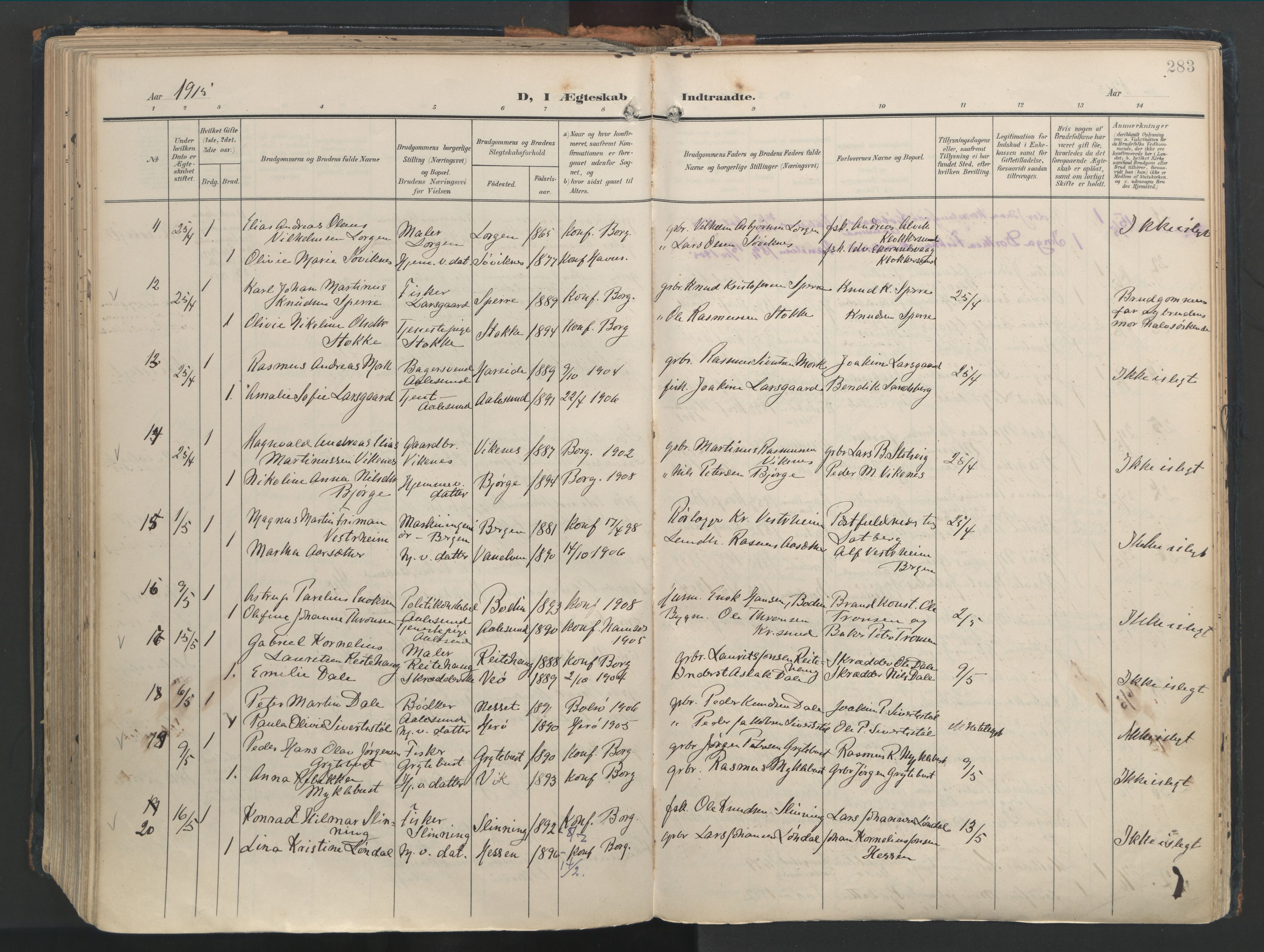 Ministerialprotokoller, klokkerbøker og fødselsregistre - Møre og Romsdal, AV/SAT-A-1454/528/L0411: Ministerialbok nr. 528A20, 1907-1920, s. 283